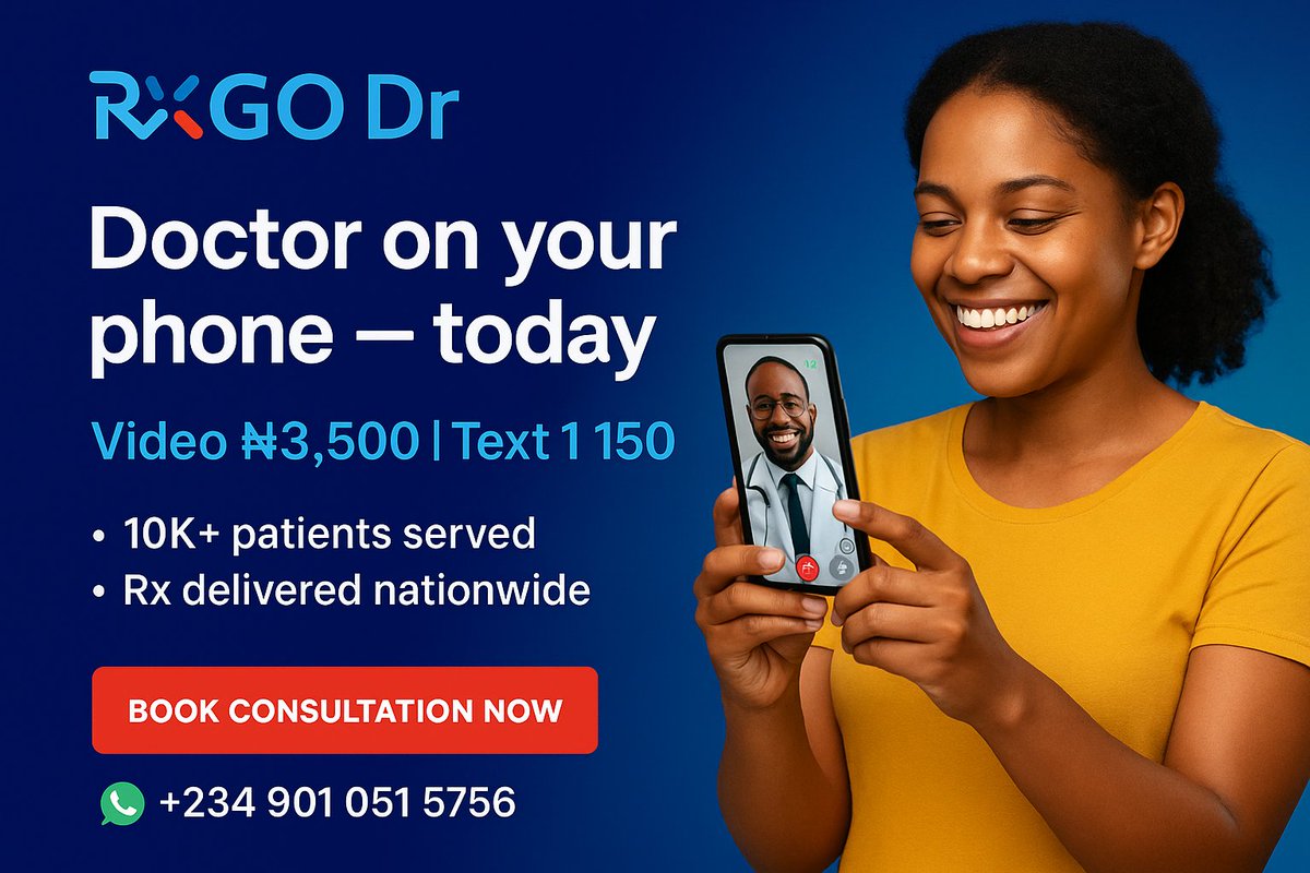 Need a doctor fast? Video ₦3,500 | Text ₦1,500. 10K+ patients. Rx delivered nationwide.
Book 👉 shorturl.at/ciPus
WhatsApp 👉 shorturl.at/lXBaO
Not for emergencies.