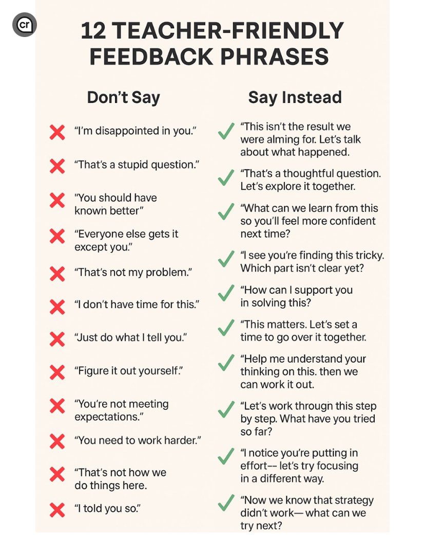 SAMUELANIM42672's tweet image. The words we use as teachers matter. Feedback can either discourage or inspire—and with small shifts in language, we can turn mistakes into powerful learning opportunities. 🌱
Here are 12 teacher-friendly feedback phrases for best practices: #LetsLearnTogether ✍️