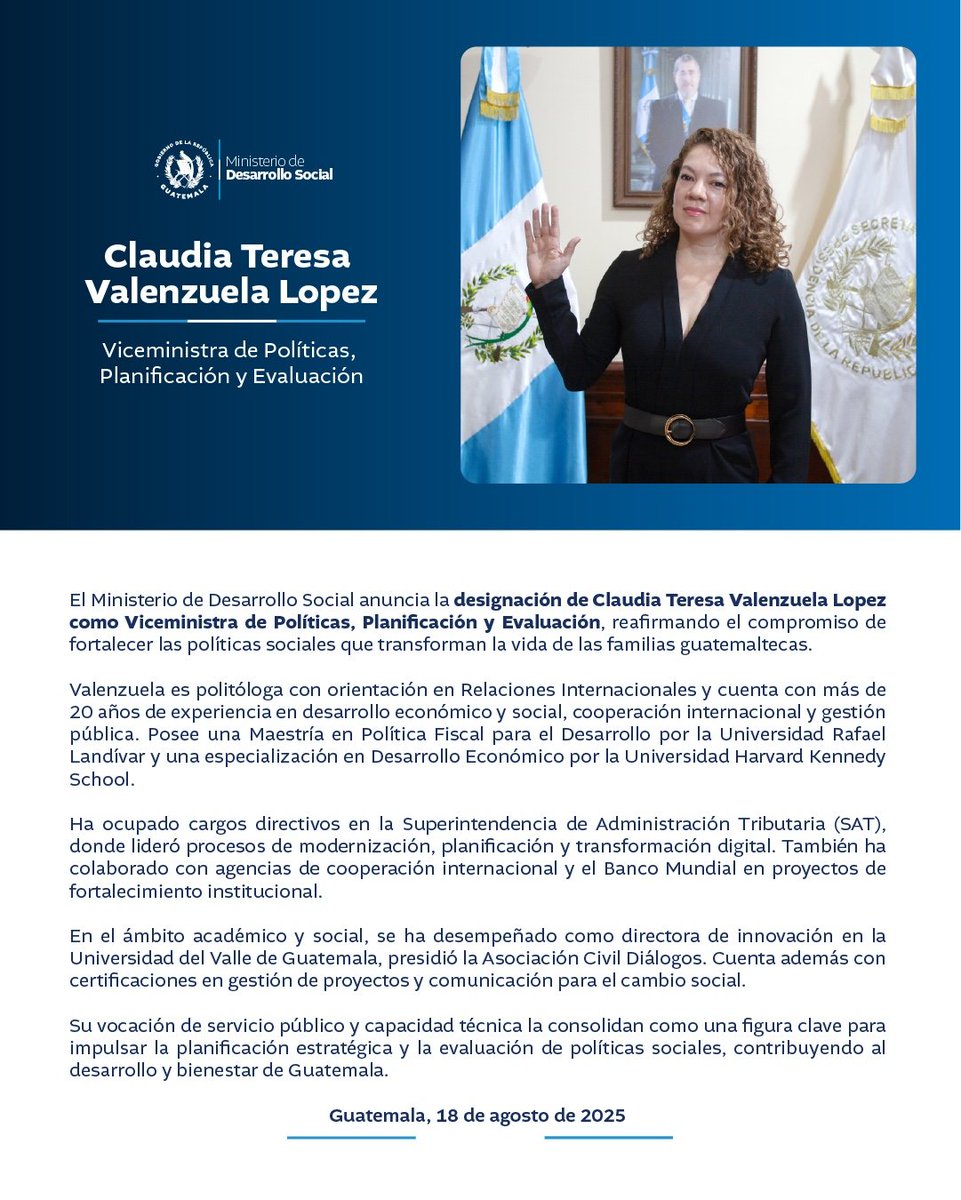 Midesgt's tweet image. ¡Damos la bienvenida a Claudia Teresa Valenzuela Lopez como Viceministra de Políticas, Planificación y Evaluación del MIDES!📊

Su experiencia fortalecerá la planificación estratégica y la evaluación de #ProgramasSociales en beneficio de las familias guatemaltecas.💻🇬🇹✨