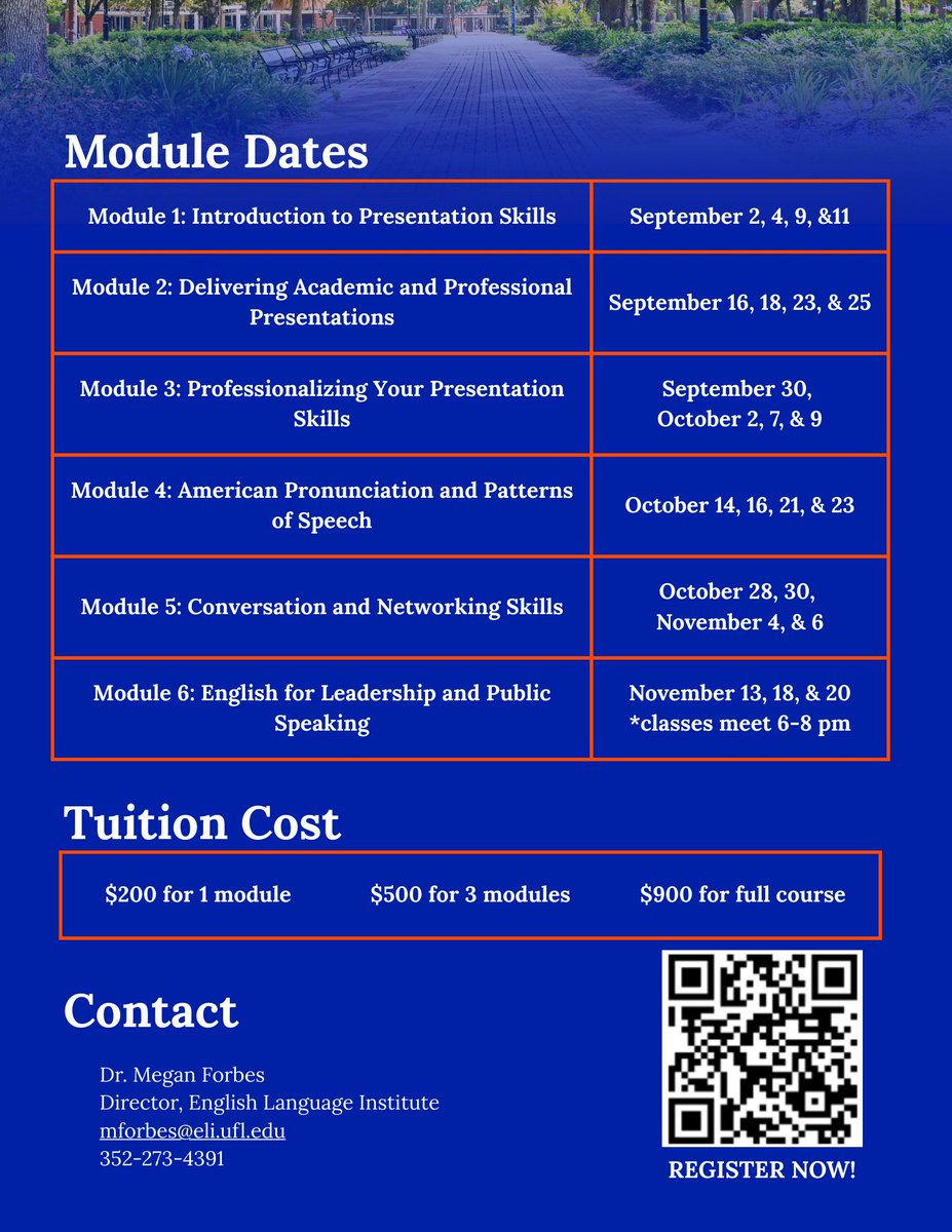 UF ELI (@ufleli) on Twitter photo #UFLELI is offering English for Academics and Professionals. These courses are in Matherly Hall, Tuesdays and Thursdays, from 6:00-7:30pm. Contact Dr. Megan Forbes for more info, mforbes@eli.ufl.edu. <a href="/UFNews/">University of Florida News</a> <a href="/GlobalGators/">University of Florida International Center</a> <a href="/UF/">FLORIDA</a>
eli.ufl.edu/english-for-ac… #UFLELI is offering English for Academics and Professionals. These courses are in Matherly Hall, Tuesdays and Thursdays, from 6:00-7:30pm. Contact Dr. Megan Forbes for more info, mforbes@eli.ufl.edu. <a href="/UFNews/">University of Florida News</a> <a href="/GlobalGators/">University of Florida International Center</a> <a href="/UF/">FLORIDA</a>
eli.ufl.edu/english-for-ac…