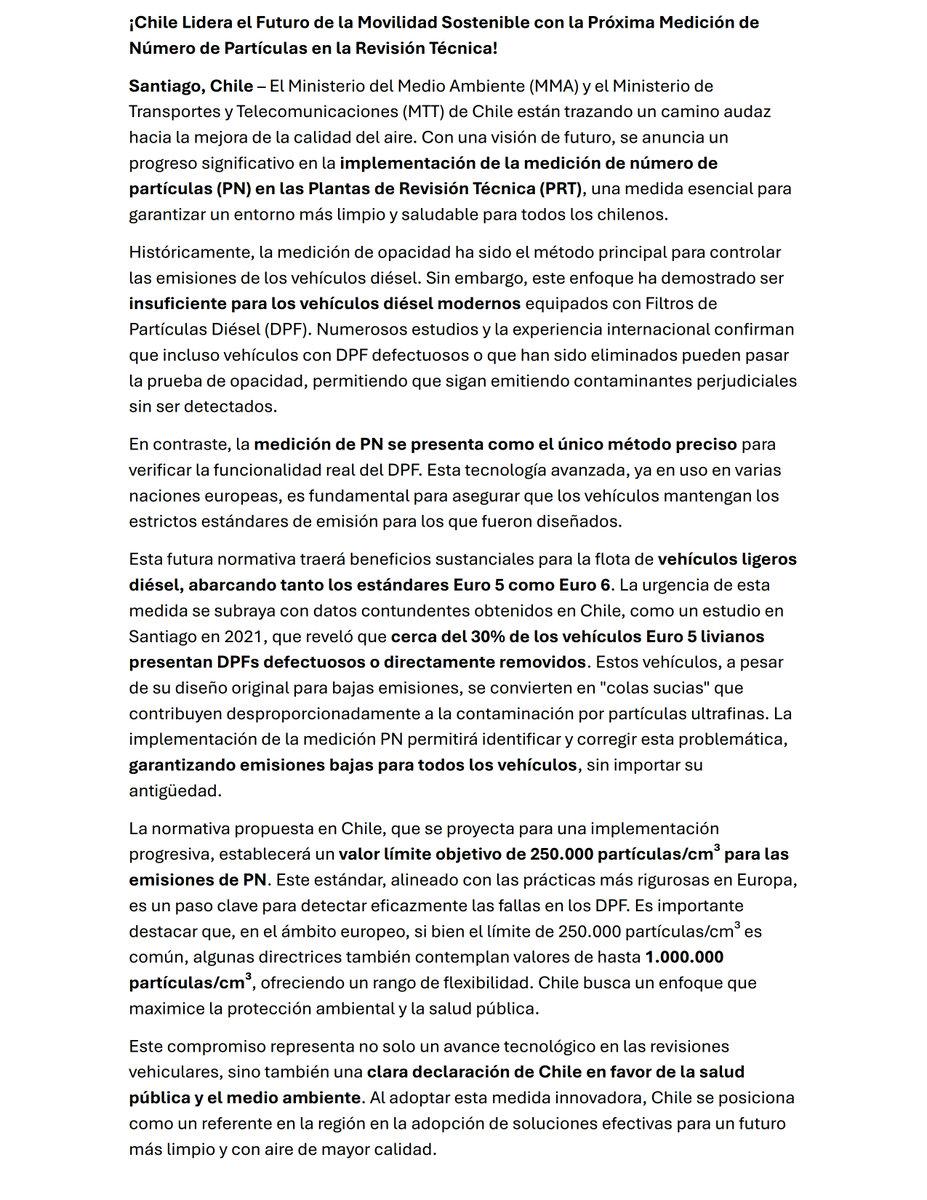 ¡Chile Lidera el Futuro de la Movilidad Sostenible con la Próxima Medición de Número de Partículas en la Revisión Técnica!
