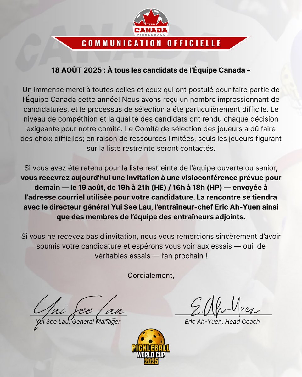 🚨 THE 2025 PICKLEBALL WORLD CUP TEAM CANADA 🇨🇦 OPEN &amp; SENIOR TEAM ROSTERS ARE COMING TOGETHER - APPLICANTS ARE ADVISED TO STAND BY (THEIR PHONES 📱 &amp; EMAIL INBOXES ✉️) TODAY &amp; TOMORROW &amp; LOOK OUT FOR A GOOGLE MEETS INVITE TONIGHT FOR A VIDEO CALL TOMORROW EVENING 👀