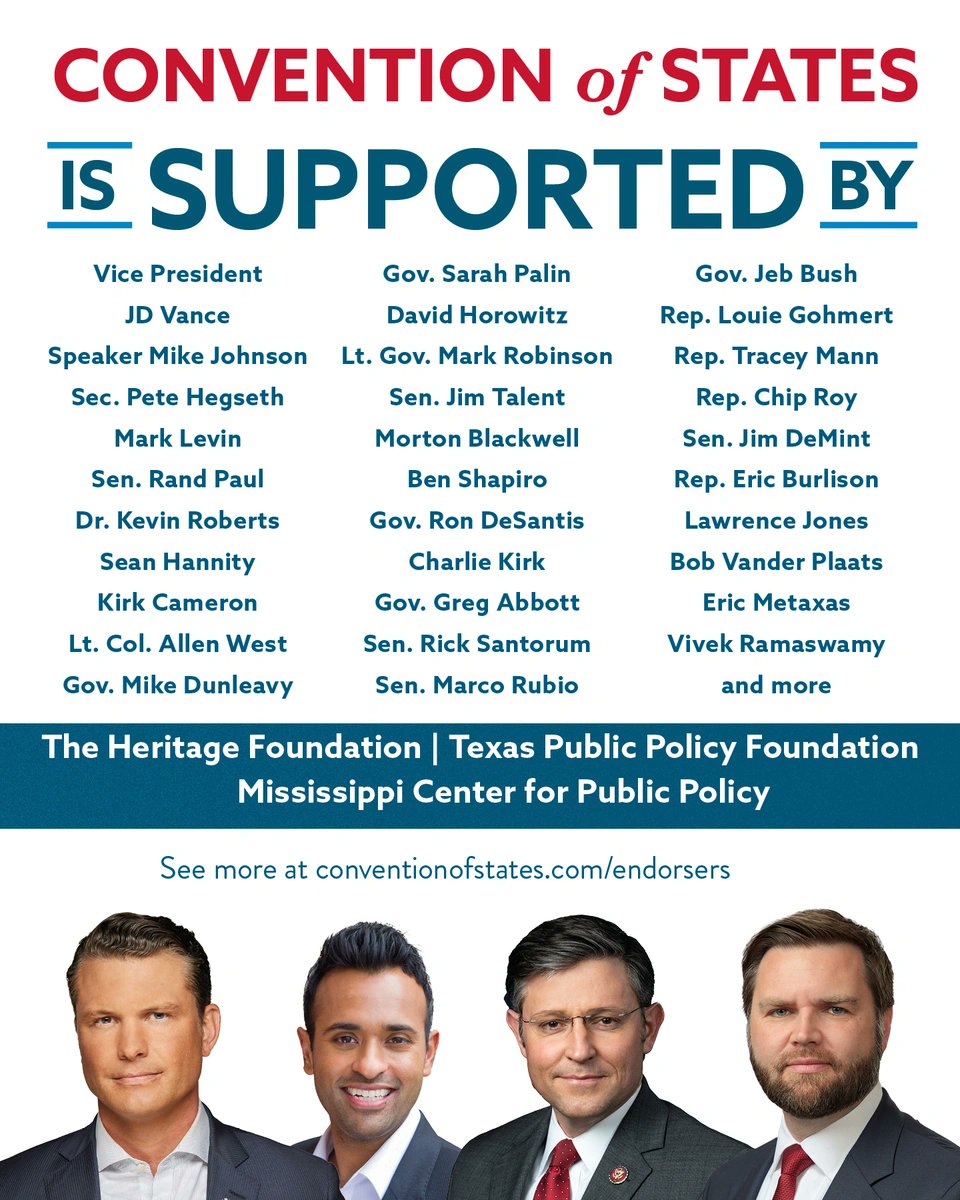 Convention of States (@cosproject) on Twitter photo Credentialed Conservatives like <a href="/VP/">Vice President JD Vance</a> Vice President <a href="/JDVance/">JD Vance</a> J.D. Vance, Secretary of State <a href="/SecRubio/">Secretary Marco Rubio</a> Marco Rubio <a href="/marcorubio/">Marco Rubio</a> and Secretary of Defense Pete Hegseth <a href="/PeteHegseth/">Pete Hegseth</a> are endorsers of COS' effort to use Article V to make federal reforms permanent! See the full endorsers Credentialed Conservatives like <a href="/VP/">Vice President JD Vance</a> Vice President <a href="/JDVance/">JD Vance</a> J.D. Vance, Secretary of State <a href="/SecRubio/">Secretary Marco Rubio</a> Marco Rubio <a href="/marcorubio/">Marco Rubio</a> and Secretary of Defense Pete Hegseth <a href="/PeteHegseth/">Pete Hegseth</a> are endorsers of COS' effort to use Article V to make federal reforms permanent! See the full endorsers