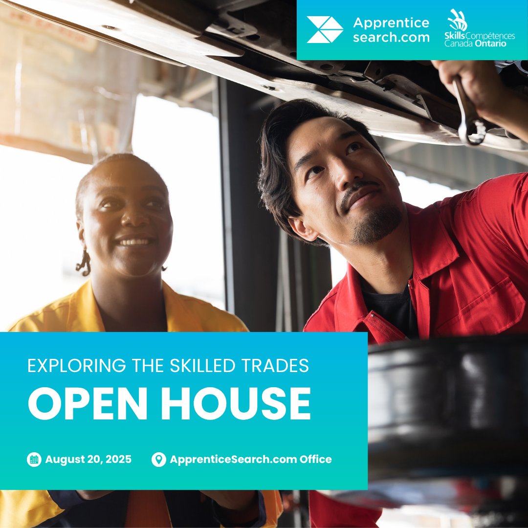 skillsontario's tweet image. Don't forget to check out the Exploring the Skills Trades Open House on August 20th!

This event runs from 10:00 am to 2:00 pm at the ApprenticeSearch.com office.

By attending, you can participate in 👇
✅ #HandsOn workshops
✅ #Networking opportunities
✅ Check out the