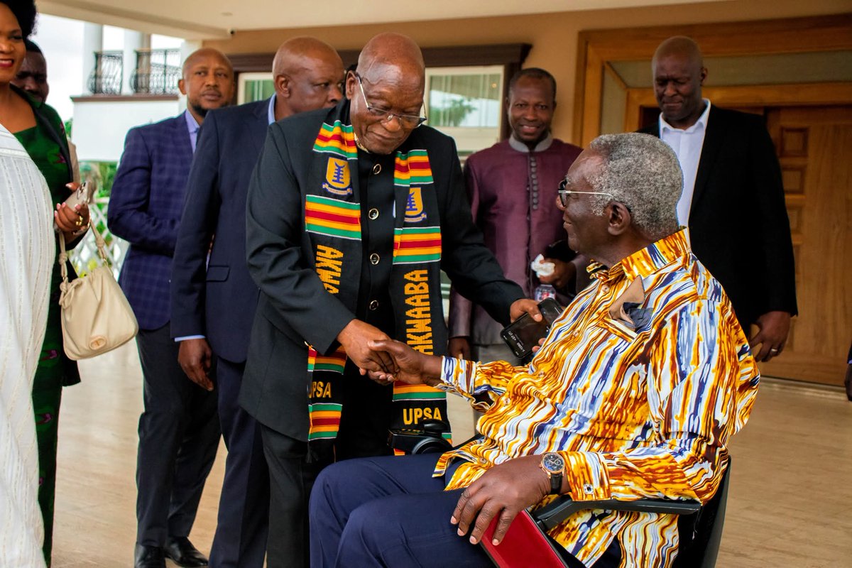 upsaccra's tweet photo. Former South African President, H.E. Jacob Zuma paid a courtesy visit to former President John Agyekum Kufuor at his residence in Peduase ahead of the 2025 UPSA Annual Leadership Lecture on Tuesday, August 19, 2025.
#UPSA60 #UPSA #BRICS #AnnualLeadershipLecture https://t.co/jfDVlRPoMR