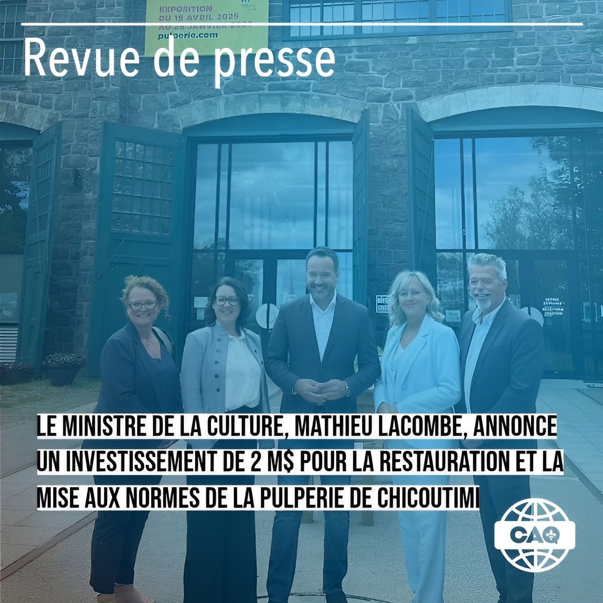 Le ministre de la Culture et des Communications, Mathieu Lacombe annonce un investissement de 2 M$ pour des travaux urgents de mise aux normes et de restauration à La Pulperie de Chicoutimi. Ces travaux permettront de maintenir l’agrément du musée et de protéger l’intégrité du