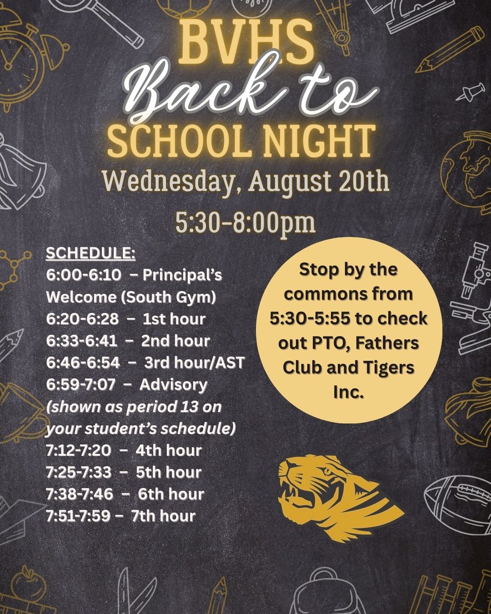 Tiger Families - Join us this Wednesday for Back to School Night! Don’t forget to bring a copy of your student’s schedule so you can walk their schedule.