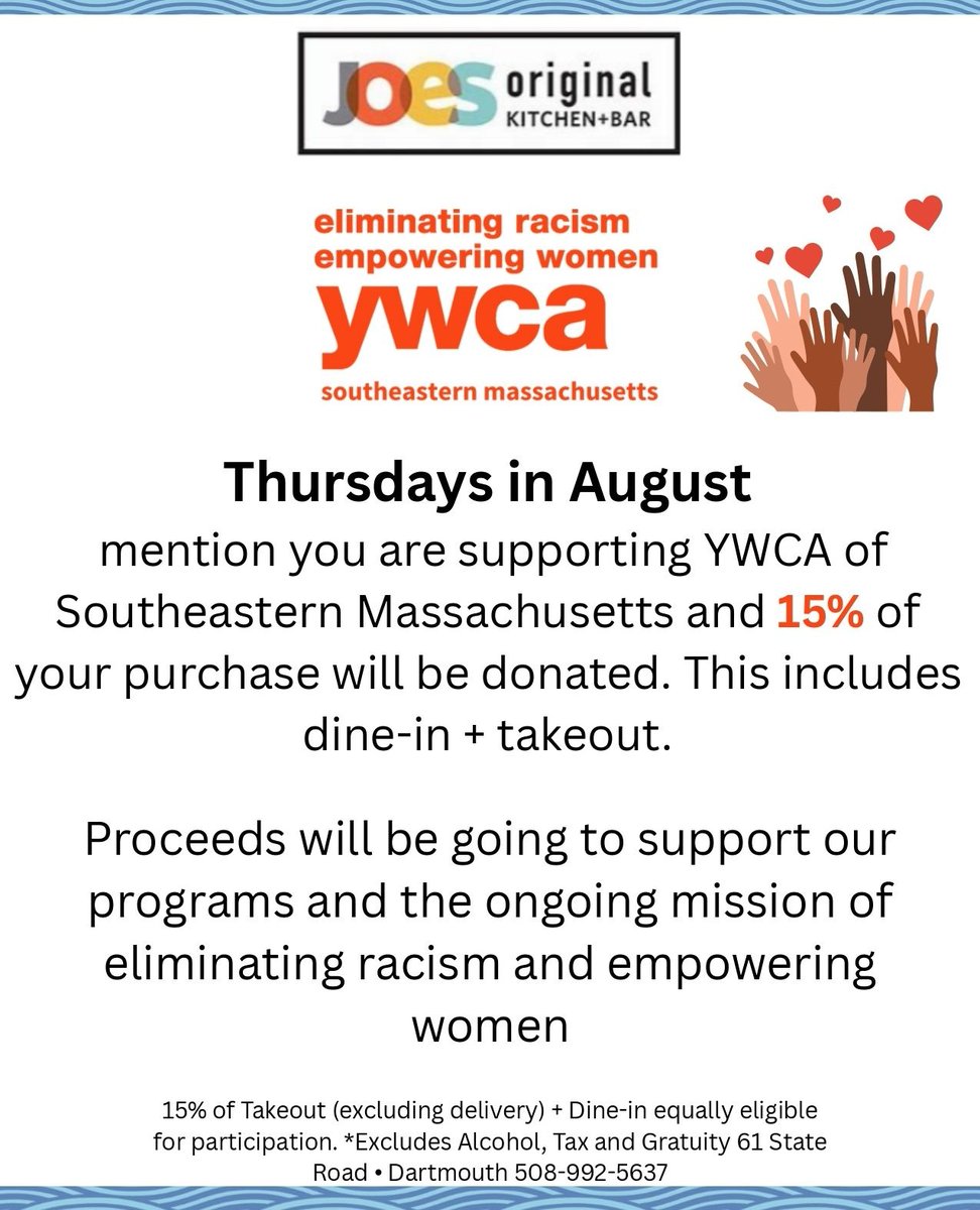 Are you busy Thursday? Meet us at Joe's Original in Dartmouth for dinner! When you show this flyer we'll receive 15% of the proceeds. Who knew supporting your community could be so tasty?