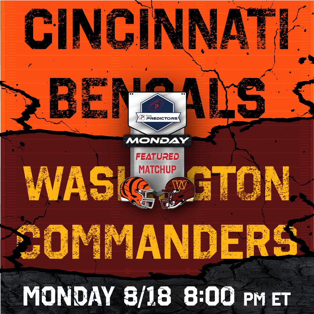 A cross-conference showdown is on the schedule for #MondayNightFootball! 

The #CincinnatiBengals head to #Landover to face the #WashingtonCommanders tonight at 8:00 PM EST. 

For the Bengals, the preseason is about getting their starters in a rhythm and evaluating their depth.