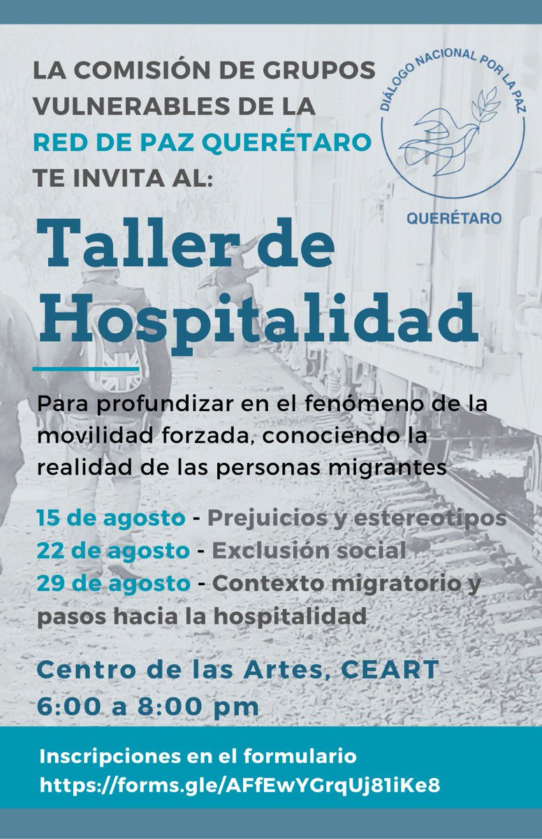 La Red de Paz Querétaro te invita a las dos últimas fechas del Taller de Hospitalidad, un espacio para reflexionar sobre la movilidad forzada y la realidad de las personas migrantes.

📅 22 y 29 de agosto
📍 Centro de las Artes, CEART

🔗 Inscríbete aquí: forms.gle/AFfEwYGrqUj81l…
