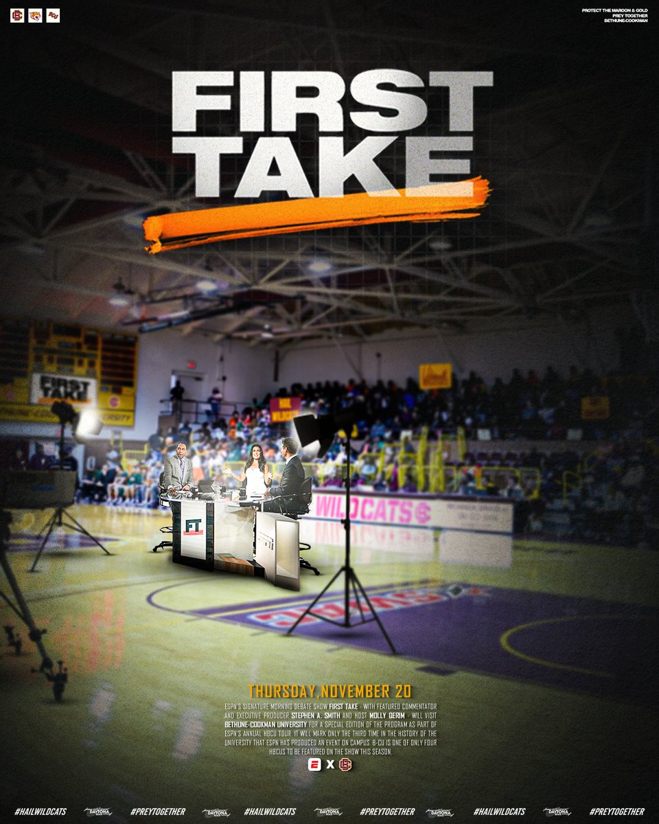 Bethune-Cookman Athletics (@bcuathletics) on Twitter photo 𝗙𝗜𝗥𝗦𝗧 𝗧𝗔𝗞𝗘 𝘅 𝗕𝗘𝗧𝗛𝗨𝗡𝗘-𝗖𝗢𝗢𝗞𝗠𝗔𝗡 😼 🎤 📺
On Thursday, November 20, <a href="/FirstTake/">First Take</a> visits Daytona Beach for a special edition of the show on the campus of B-CU!
📰 bcuathletics.com/news/2025/8/18…
#𝙃𝙖𝙞𝙡𝙒𝙞𝙡𝙙𝙘𝙖𝙩𝙨 | #𝙋𝙧𝙚𝙮𝙏𝙤𝙜𝙚𝙩𝙝𝙚𝙧 𝗙𝗜𝗥𝗦𝗧 𝗧𝗔𝗞𝗘 𝘅 𝗕𝗘𝗧𝗛𝗨𝗡𝗘-𝗖𝗢𝗢𝗞𝗠𝗔𝗡 😼 🎤 📺
On Thursday, November 20, <a href="/FirstTake/">First Take</a> visits Daytona Beach for a special edition of the show on the campus of B-CU!
📰 bcuathletics.com/news/2025/8/18…
#𝙃𝙖𝙞𝙡𝙒𝙞𝙡𝙙𝙘𝙖𝙩𝙨 | #𝙋𝙧𝙚𝙮𝙏𝙤𝙜𝙚𝙩𝙝𝙚𝙧