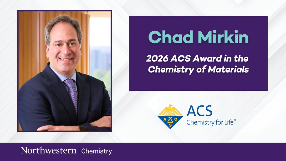 Northwestern Chemistry (@nuchemistry) on Twitter photo Congrats to <a href="/NorthwesternU/">Northwestern</a> faculty member <a href="/CHADNANO/">Chad A. Mirkin</a> on receiving the 2026 ACS Award in the Chemistry of Materials! 🎉
This award recognizes his outstanding contributions shaping the future of #materialschemistry with real-world impact. <a href="/IINanoNU/">International Institute for Nanotechnology</a>
#ResearchImpact #NUChemImpact Congrats to <a href="/NorthwesternU/">Northwestern</a> faculty member <a href="/CHADNANO/">Chad A. Mirkin</a> on receiving the 2026 ACS Award in the Chemistry of Materials! 🎉
This award recognizes his outstanding contributions shaping the future of #materialschemistry with real-world impact. <a href="/IINanoNU/">International Institute for Nanotechnology</a>
#ResearchImpact #NUChemImpact