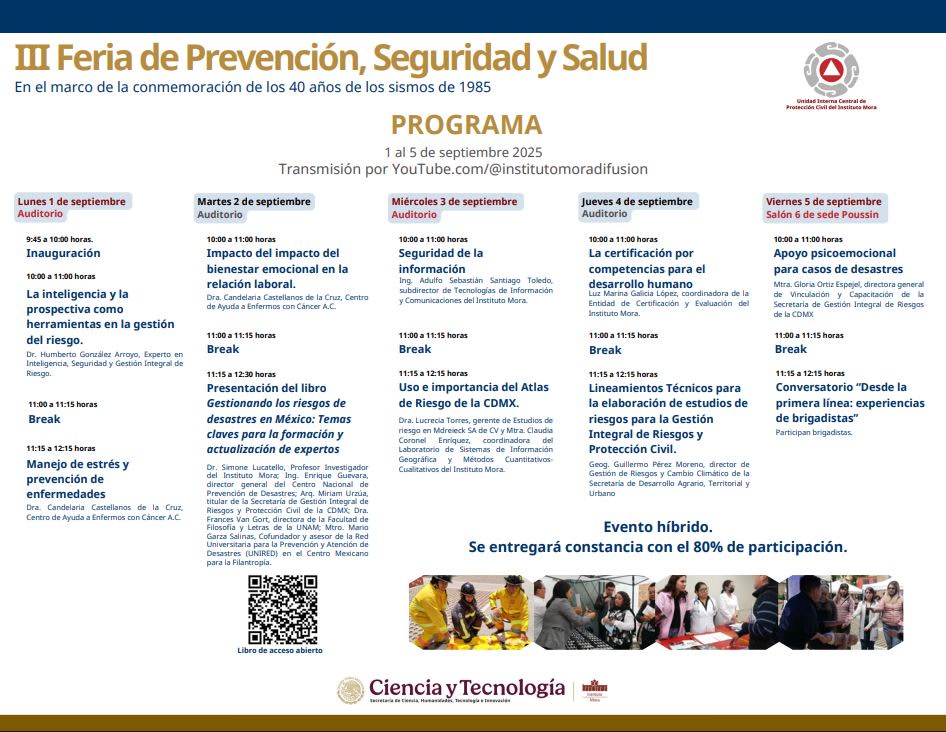 🚑 III Feria de Prevención, Seguridad y #Salud.

🔹Conferencias
🔹Presentación de libro
🔹Pláticas informativas
🔹Conversatorio
🔹Stands de servicios

🗓️Del 1 al 5 de septiembre
📍Sede Plaza

💻Transmisión por YouTube Instituto Mora Difusión.
👉Consulta el programa.