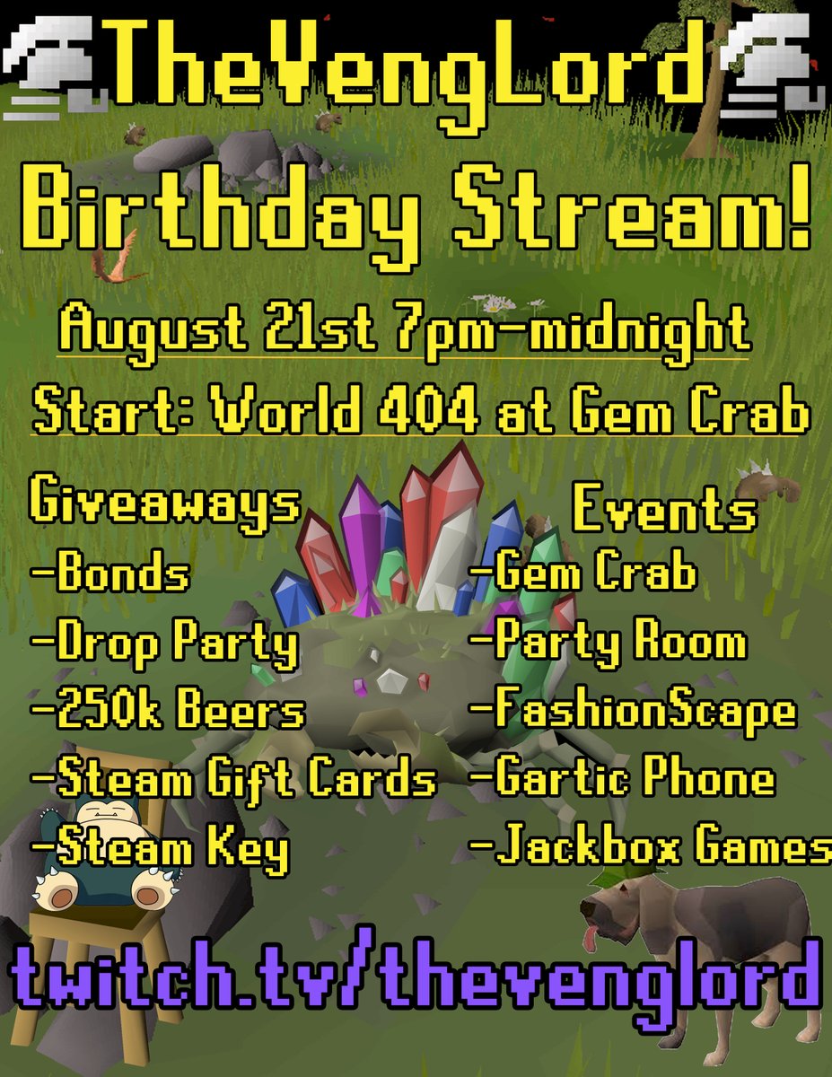 VengLord's tweet photo. BIRTHDAY STREAM! BE THERE FOR CRABBO ACTION!
#OSRS #Runescape #UIM #OSRunescape
https://t.co/6JgefW4snf https://t.co/4bwhQ9laLO