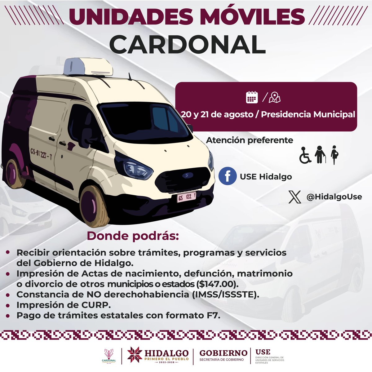 HidalgoUse's tweet photo. #LaUseEnMovimiento 🚐
En coordinación con el Ayuntamiento de #Cardonal, te invitan a la:
📃“Expedición de Actas del Registro del Estado Familiar Estatales y Foráneas”.
🗓️ 20 y 21 de agosto.
📍 Presidencia Municipal.
@juliomenchaca_ https://t.co/jxHePbCR9d