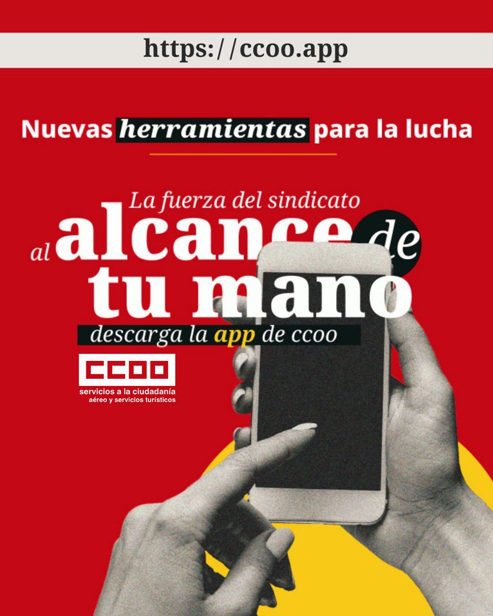 📲 Nuevas herramientas para la lucha sindical

La fuerza del sindicato al alcance de tu mano ✊

👉 Descarga ya la app de CCOO: ccoo.app

#CCOO #Sindicato #DerechosLaborales #FuerzaSindical #TrabajoDigno #Organización