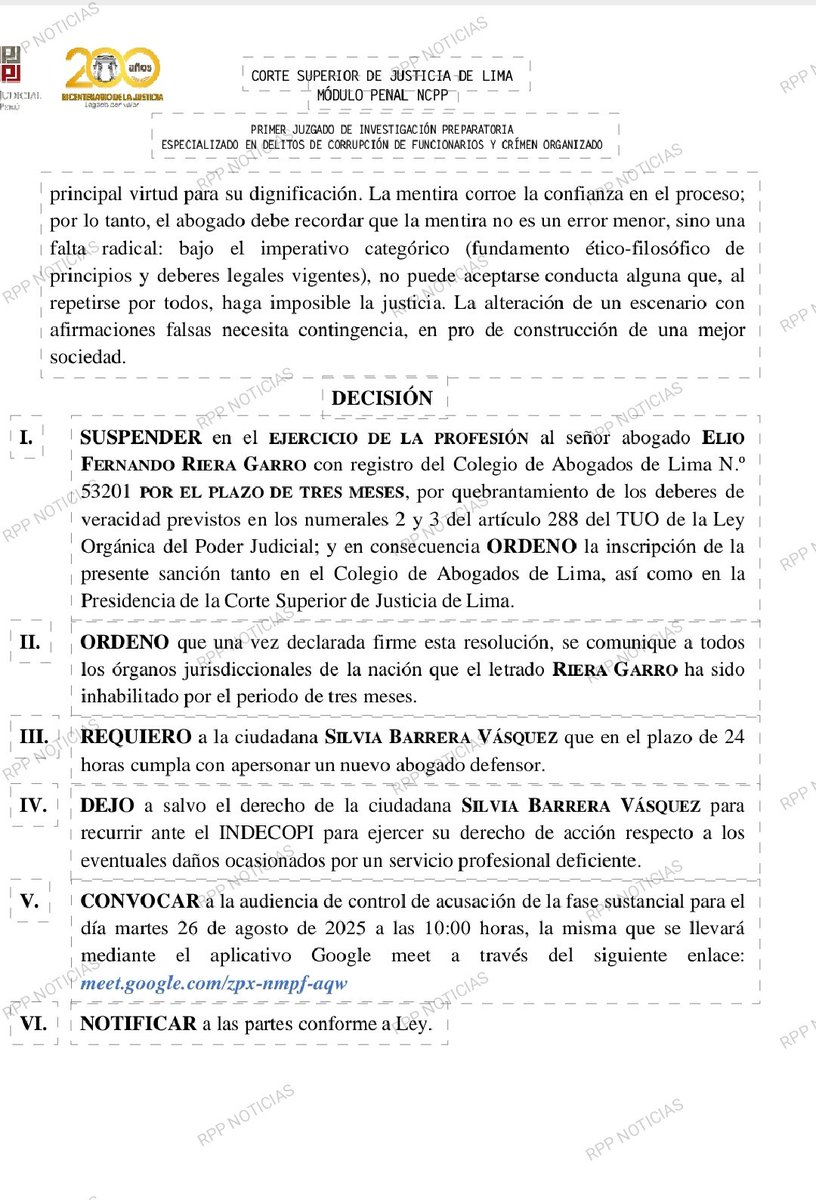 Carlos Villarreal (@kikesitovh) on Twitter photo #LOULTIMO Poder Judicial inhabilita por 3 meses a Elio Riera, ex abogado de Alberto Fujimori, por violar deberes de veracidad al realizar intervenciones contradictorias en proceso judicial. Además cuestiona su formación jurídica
vía <a href="/cviguria/">Carlos Viguria</a> #LOULTIMO Poder Judicial inhabilita por 3 meses a Elio Riera, ex abogado de Alberto Fujimori, por violar deberes de veracidad al realizar intervenciones contradictorias en proceso judicial. Además cuestiona su formación jurídica
vía <a href="/cviguria/">Carlos Viguria</a>