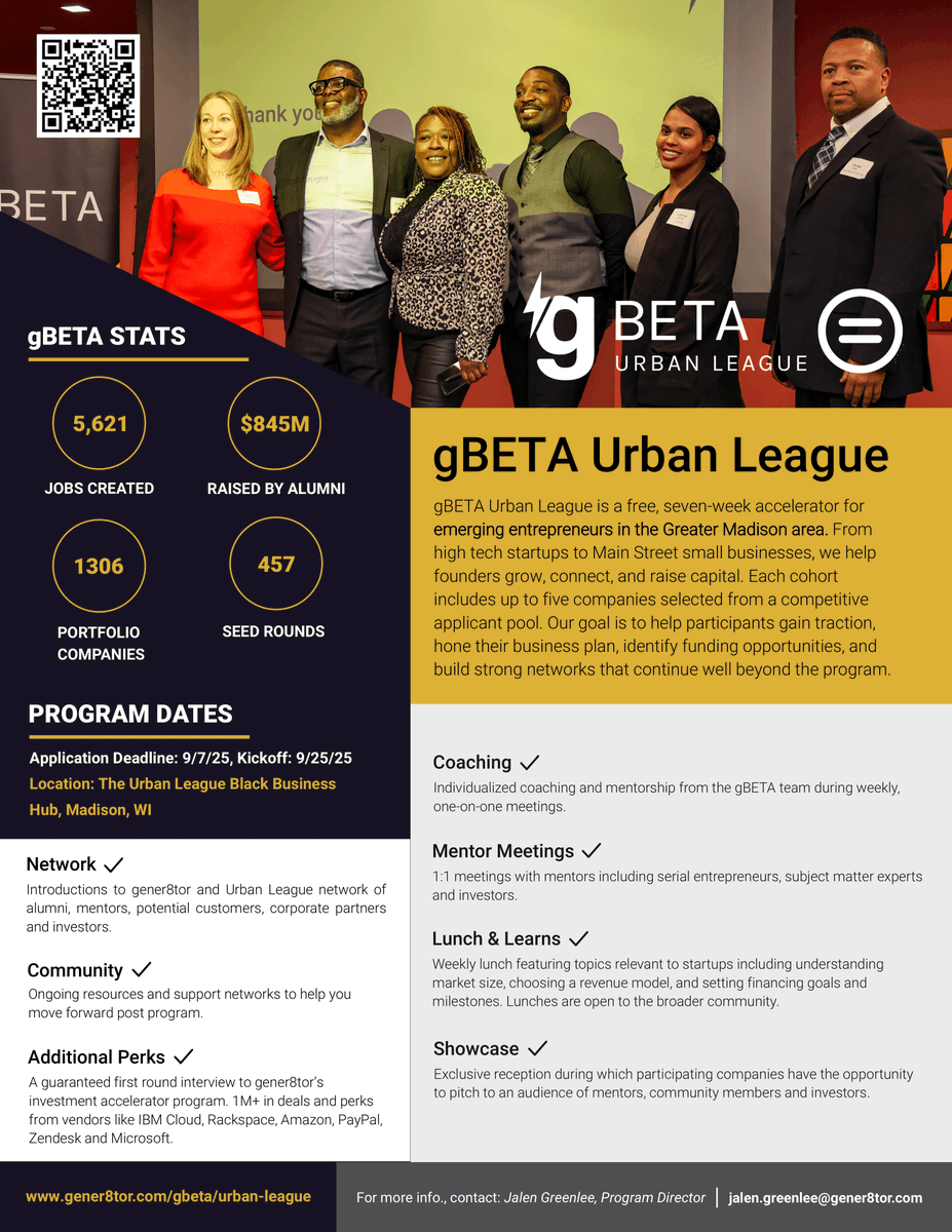 🔥FACT: gBETA alumni have raised $845M+ and created 5,600+ jobs. You could be next!

👉🏾Apply today: gener8tor.com/gbeta/urban-le…
📅Deadline: Sept 7, 2025

Tag a friend &amp; spread the word! #MadisonEntrepreneurs #ScaleYourBusiness #SmallBusinessSupport #GrowWithUs #DreamBig #MadisonWI
