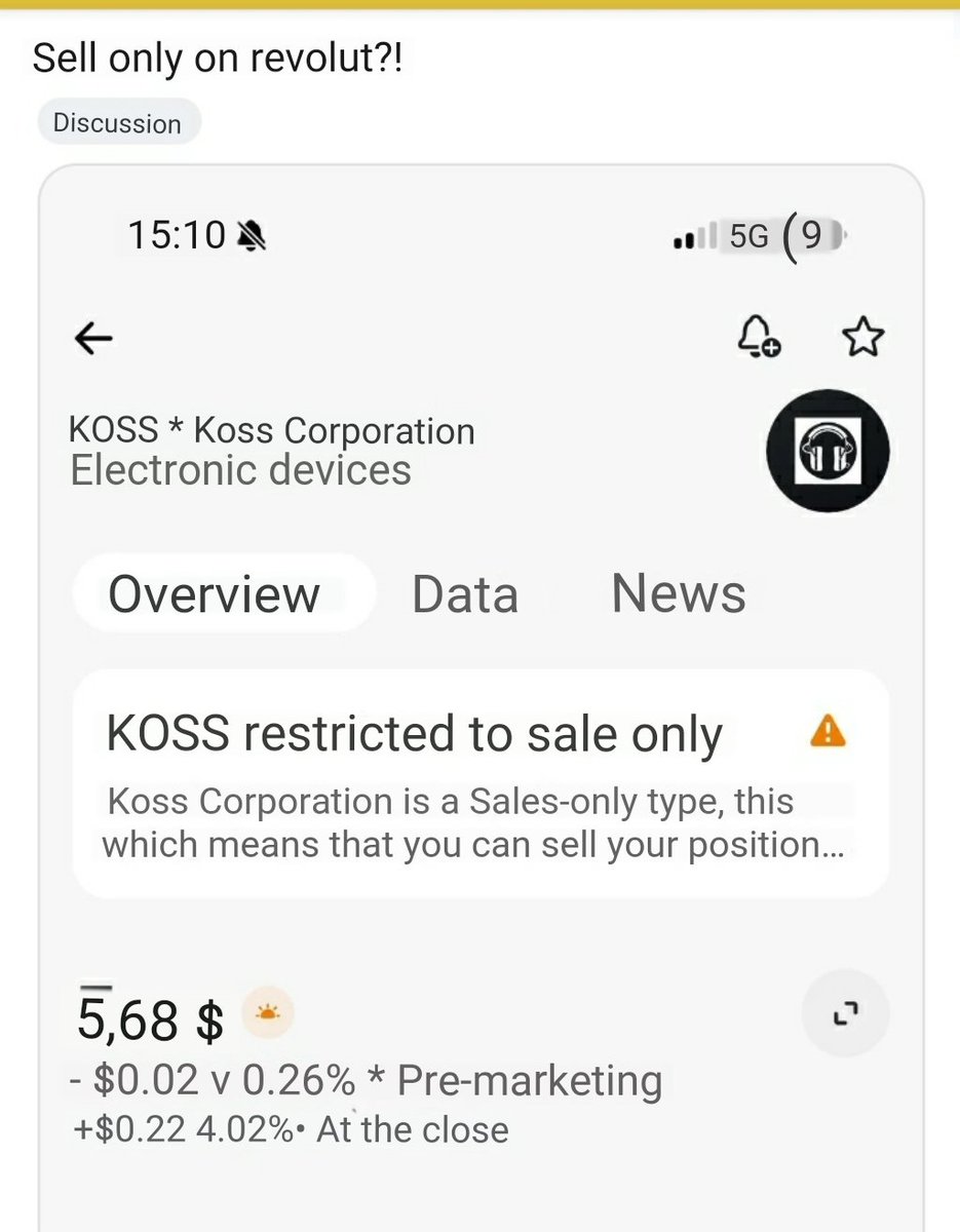 The Butcher of Wall Street Marcel Kalinovic (@bossblunts1) on Twitter photo 🚨 JUST IN
KOSS Stock flagged “Sell Only” on Revolut 🚩🚩🚩
Retail can’t buy on Revolut / Drive Wealth.
Meanwhile, Koss still trades freely on NASDAQ!
Another example of brokers restricting retail access
#AMC #GME #KOSS #NakedShorts #MOASS
You need <a href="/LitXchangeApp/">Lit🔥Xchange</a> 🔥
No 🚨 JUST IN
KOSS Stock flagged “Sell Only” on Revolut 🚩🚩🚩
Retail can’t buy on Revolut / Drive Wealth.
Meanwhile, Koss still trades freely on NASDAQ!
Another example of brokers restricting retail access
#AMC #GME #KOSS #NakedShorts #MOASS
You need <a href="/LitXchangeApp/">Lit🔥Xchange</a> 🔥
No