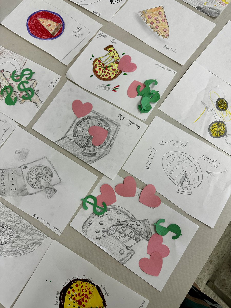 artmakeschange's tweet image. Pizza drawings!!! Students did a gallery walk to put a💲on the one they would buy and 🩷 on the one they thought was the most creative. #pizzaart #drawing #gallerywalk
