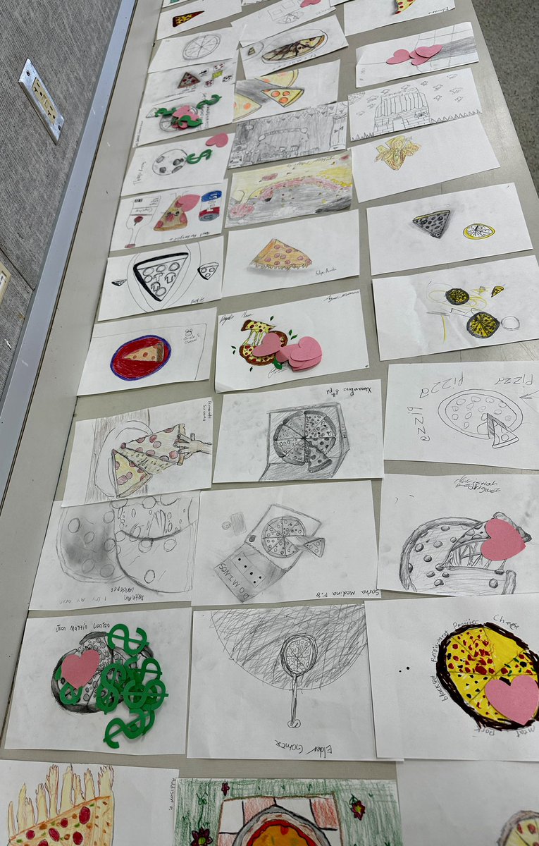 artmakeschange's tweet image. Pizza drawings!!! Students did a gallery walk to put a💲on the one they would buy and 🩷 on the one they thought was the most creative. #pizzaart #drawing #gallerywalk