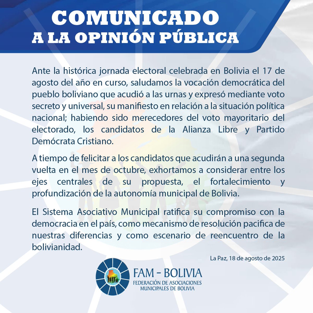 #Comunicado <a href="/noticiasfides/">Agencia de Noticias Fides</a> <a href="/ErbolDigital/">ERBOL</a> <a href="/abi_bolivia/">Agencia Boliviana de Información - ABI</a> <a href="/LaRazon_Bolivia/">La Razón Digital</a> <a href="/grupoeldeber/">EL DEBER</a> <a href="/Canal_BoliviaTV/">Bolivia Tv Oficial</a> <a href="/LosTiemposBol/">Los Tiempos</a> <a href="/LaRevistaUnitel/">La Revista</a> <a href="/RedPatriaNueva/">Red Patria Nueva</a> <a href="/rtp_bolivia/">RTP Bolivia</a> <a href="/rposbolivia/">𝗥𝗣𝗢'𝘀 𝗕𝗼𝗹𝗶𝘃𝗶𝗮</a> <a href="/ATBDigital/">ATB</a> <a href="/Urgentebo/">Urgente.bo</a> <a href="/ContBolivia/">Contacto Bolivia</a> <a href="/eldiario_net/">EL DIARIO DE BOLIVIA</a> <a href="/f10hdbolivia/">F10HD Bolivia</a> <a href="/elpotosinet/">El Potosí</a> <a href="/ejutv/">eju.tv</a> <a href="/PlusTLT/">PlusTLT</a> <a href="/GrupoFides/">Radio Fides Bolivia</a>