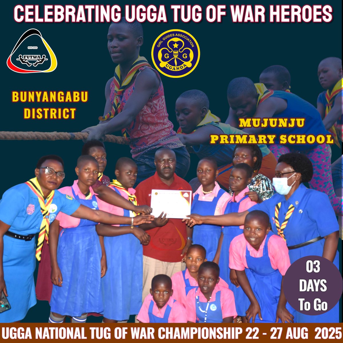 Federation of Tug of War Associations (UGANDA) (@futwa256) on Twitter photo 03 Days to go to the 2025 <a href="/UgGirlGuides/">Uganda Girl Guides Association</a> National camp. Today we celebrate our 2024 Tug of war sport heroes of MUJUNJU Primary School from Bunyangabu District <a href="/BunyangabuDLG/">Bunyangabu District Local Government</a> in Tooro Region.
#TugofWarTugLife
#TugofwarUganda
#CECATWA 03 Days to go to the 2025 <a href="/UgGirlGuides/">Uganda Girl Guides Association</a> National camp. Today we celebrate our 2024 Tug of war sport heroes of MUJUNJU Primary School from Bunyangabu District <a href="/BunyangabuDLG/">Bunyangabu District Local Government</a> in Tooro Region.
#TugofWarTugLife
#TugofwarUganda
#CECATWA