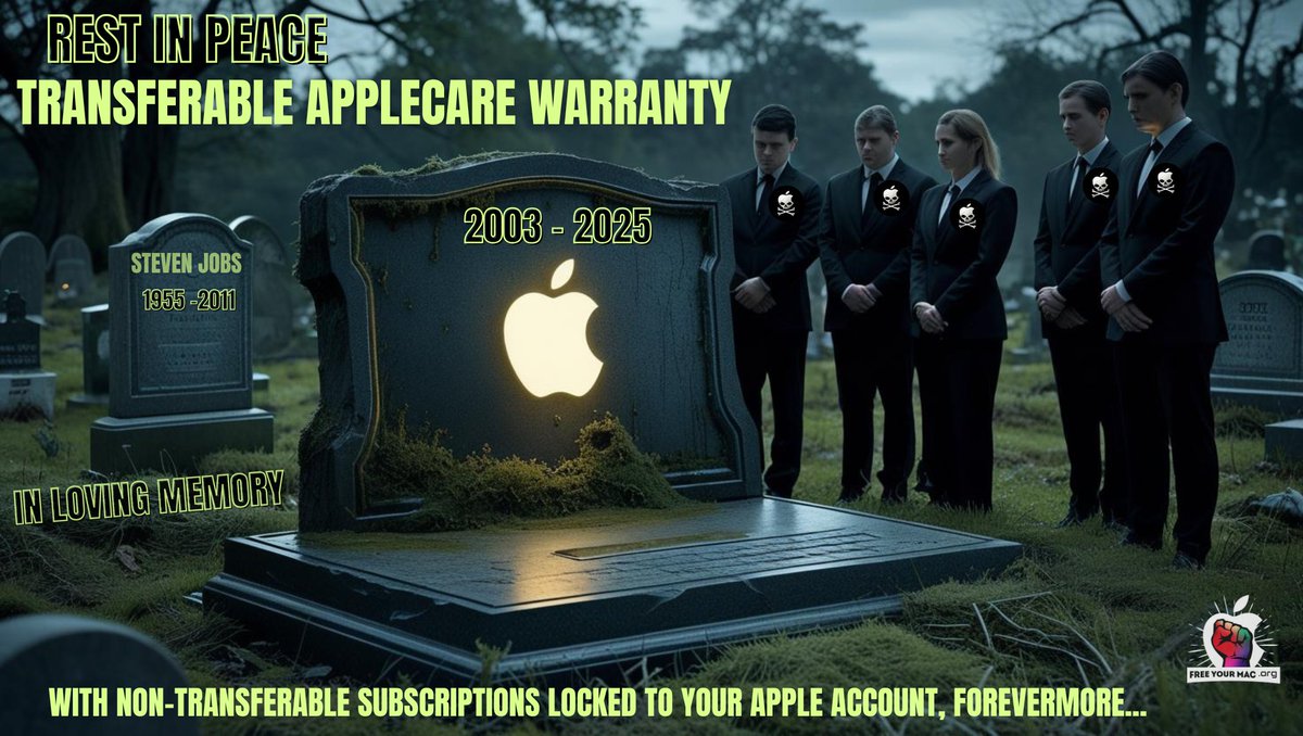 AppTifa's tweet photo. Breaking: The 3-year transferable #Applecare plan has now been fully phased out (along with the resell values of high-end MacBooks, for those who like to upgrade every year or 2). Non-transferable subscriptions are now the new normal for authoritarian #Apple Corp...
So NOW is a good time to follow my brand new #FreeYourMac Facebook page, where i will be posting full details, and even some work-arounds 📷 https://t.co/atA4Buzcdx