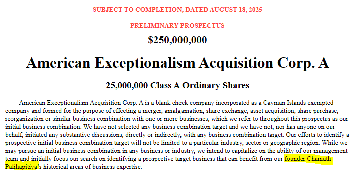 We're so back?

<a href="/chamath/">Chamath Palihapitiya</a> filed to launch a $250 million SPAC called American Exceptionalism Acquisition Corp. A

$AEXA