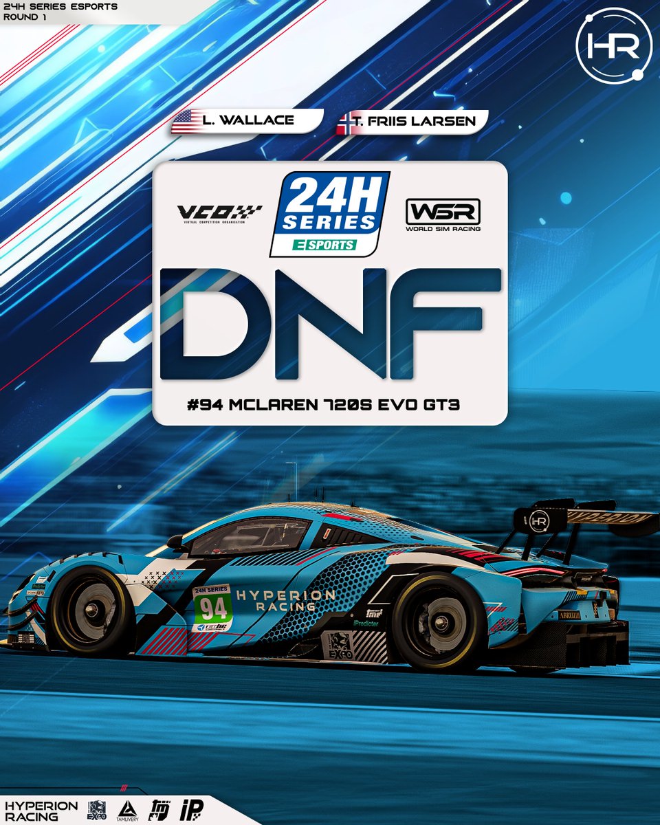 Hyperion Racing (@hyperionracingg) on Twitter photo Tough day for both Hyperion Racing entries in the first round of the <a href="/24H_ESPORTS/">24H SERIES ESPORTS</a>.
The #4 McLaren of Derek Hyberger and Floyd Kerr had an early setback with a pre-race penalty that put us at the very back of the field requiring us to navigate through the slower classes, causing Tough day for both Hyperion Racing entries in the first round of the <a href="/24H_ESPORTS/">24H SERIES ESPORTS</a>.
The #4 McLaren of Derek Hyberger and Floyd Kerr had an early setback with a pre-race penalty that put us at the very back of the field requiring us to navigate through the slower classes, causing