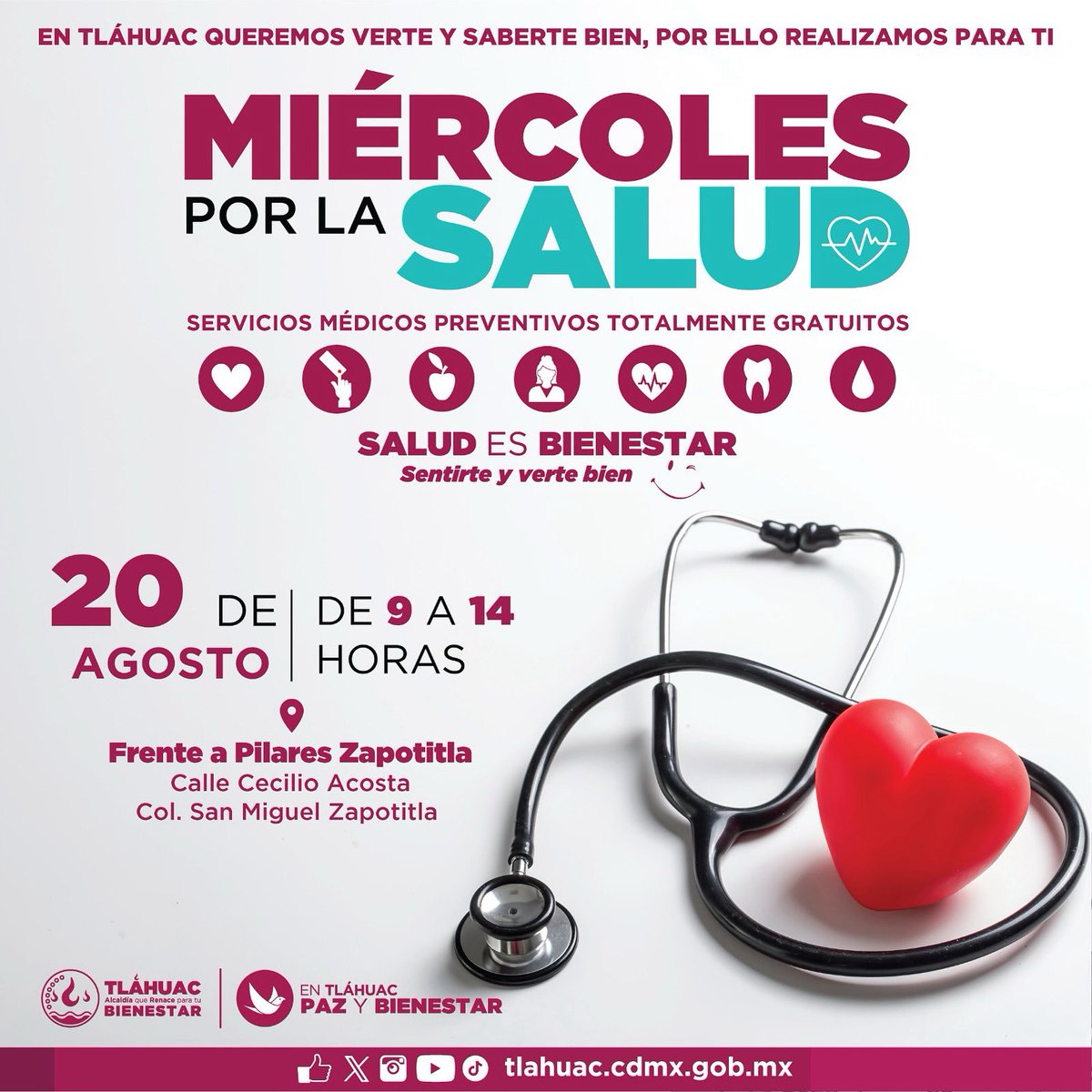 En Tláhuac tu salud es prioridad. 🫶🏻🩺👩‍⚕️

Este miércoles 20 de agosto, acude a “Miércoles por la Salud” y aprovecha los servicios médicos preventivos totalmente gratuitos 🩺✨

📍 Pilares Zapotitla
🕘 De 9:00 a 14:00 h

Porque #SaludEsBienestar, ¡te esperamos! 🙌