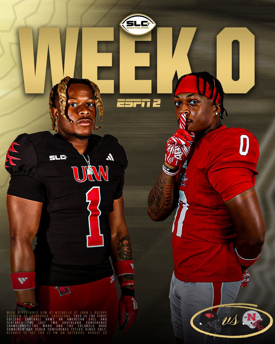 IT'S FINALLY HERE! 

It's WEEK 0 GAME WEEK in the Southland 🤩🏈

No. 4/5 UIW and Nicholls kick it off Saturday in Thibodaux at 12 PM CT on ESPN2!