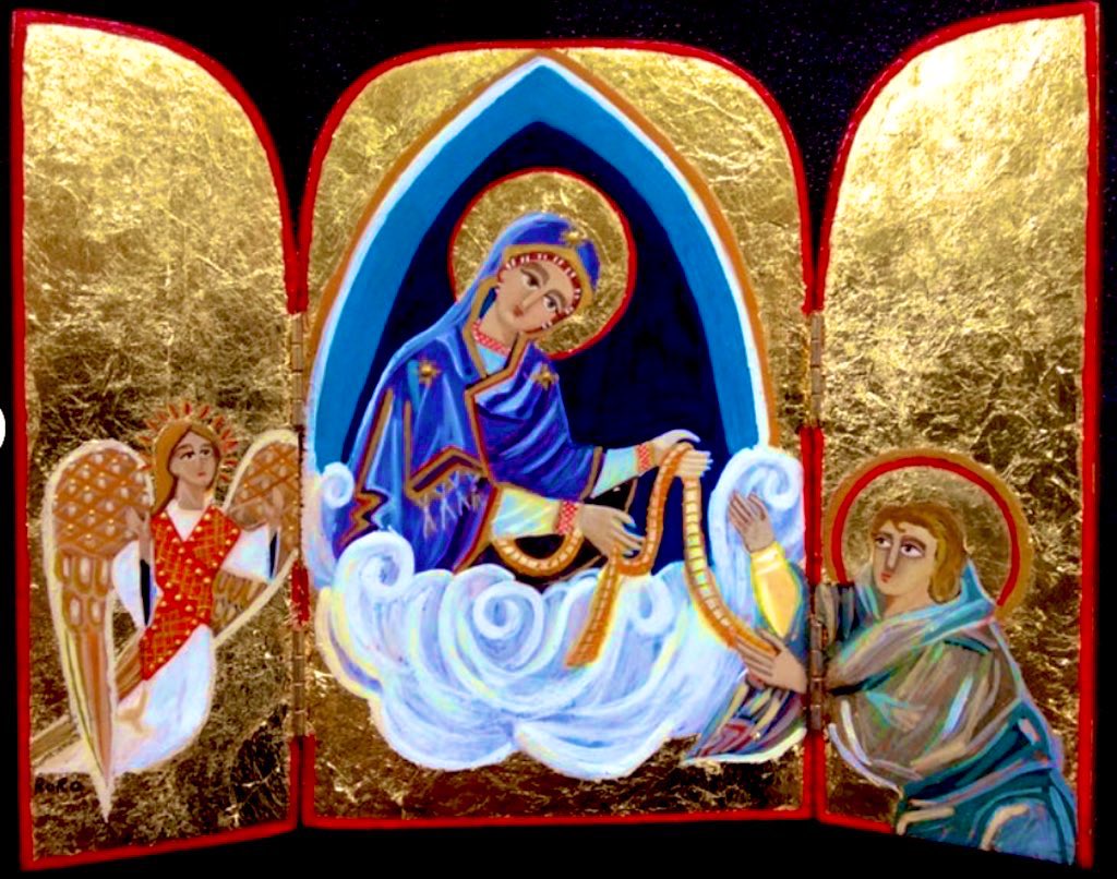 cyrilmatthai's tweet photo. An icon tale
 #StThomas looked blond &amp; clean-cut in this triptych but very Semitic in our parish icon. Our vicar felt this would confuse people so the Coptic iconographer graciously redid him w/black hair &amp; a big beard. She gave the angel black hair &amp; a tan as well😄#Dormition https://t.co/W8u51KPONv