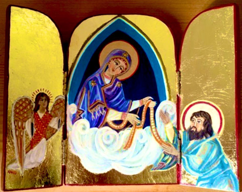 cyrilmatthai's tweet photo. An icon tale
 #StThomas looked blond &amp; clean-cut in this triptych but very Semitic in our parish icon. Our vicar felt this would confuse people so the Coptic iconographer graciously redid him w/black hair &amp; a big beard. She gave the angel black hair &amp; a tan as well😄#Dormition https://t.co/W8u51KPONv