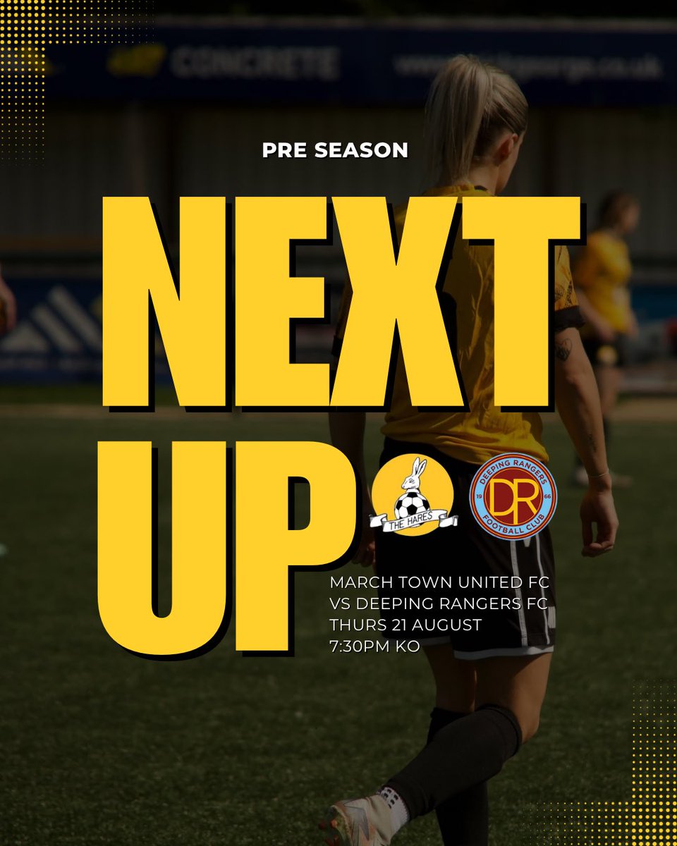 UP NEXT 🔜 

On Thursday evening, we face our toughest challenge yet under the lights down at March Town FC. 

🆚Deeping Rangers Ladies
🕰️ 7:30pm KO
📍 March Town FC, Robingoodfellows Lane

See you there, Hares fans 🐰 #UpTheHares