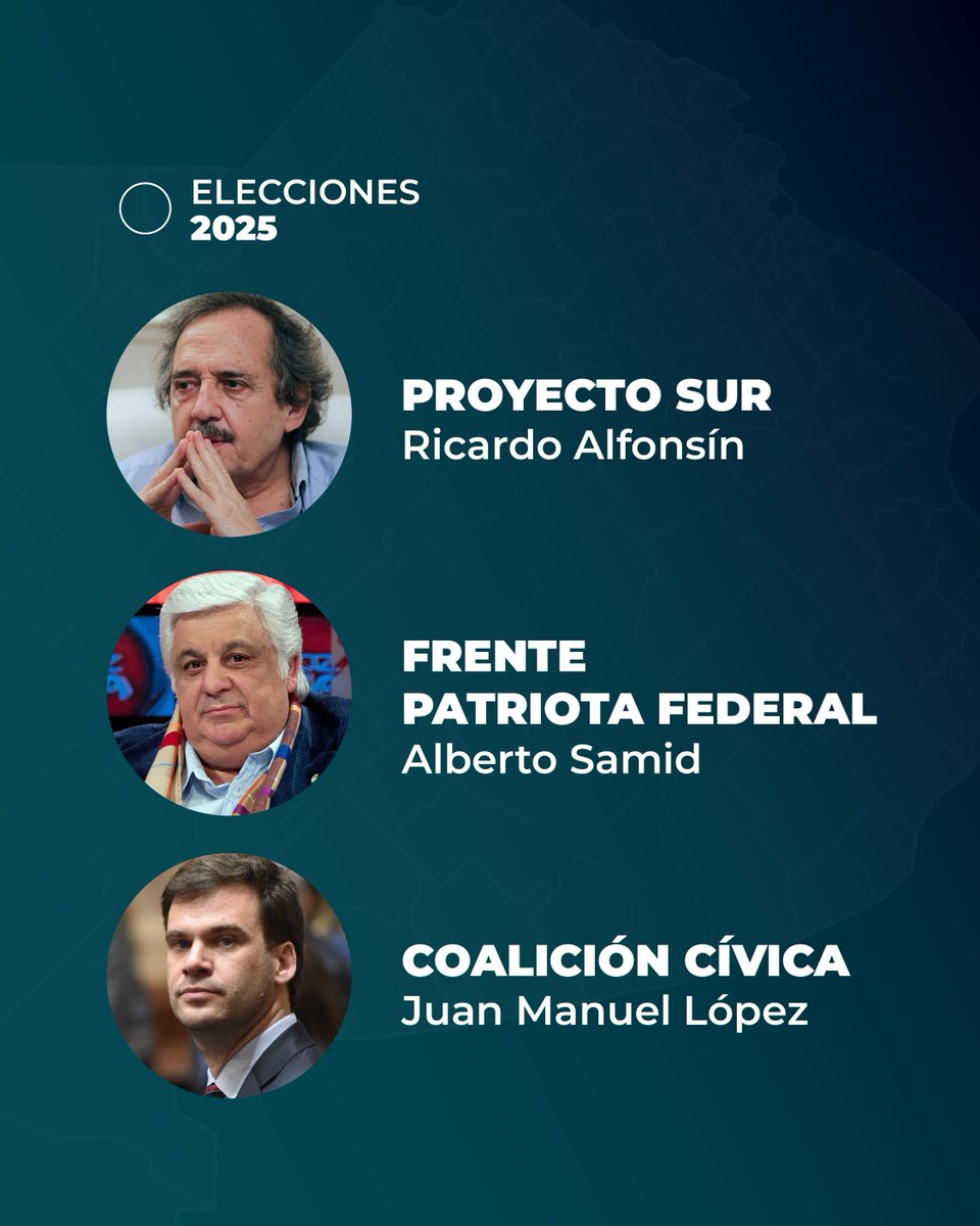 🔴 PROYECTO SUR 🔵 FRENTE PATRIOTA FEDERAL 🟢 COALICIÓN CÍVICA Desafiliado  de la UCR, Ricardo Alfonsín encabeza el histórico partido de Pino Solanas.  El matancero peronista Alberto Samid será candidato por el