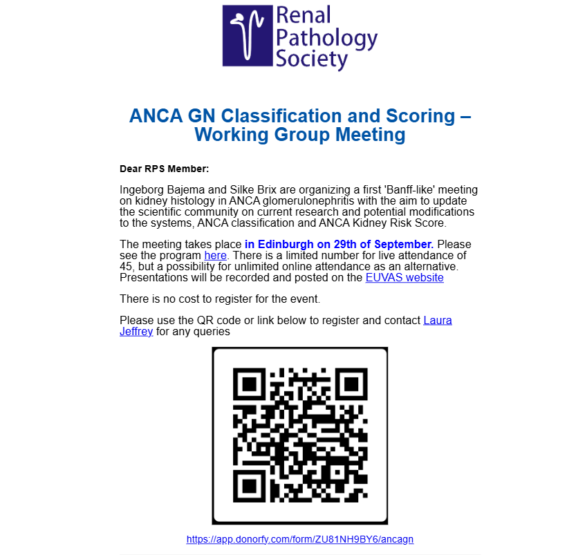 ANCA GN Working Group Meeting
More info for EUVAS Florence Working Group - Symposium on ANCA GN Classification-Scoring Systems, click link
👉vasculitis.org
Register: 👇app.donorfy.com/form/ZU81NH9BY…
<a href="/BrixSilke/">Silke R Brix</a> &amp; Ingeborg Bajema #renalpath #vasculitis