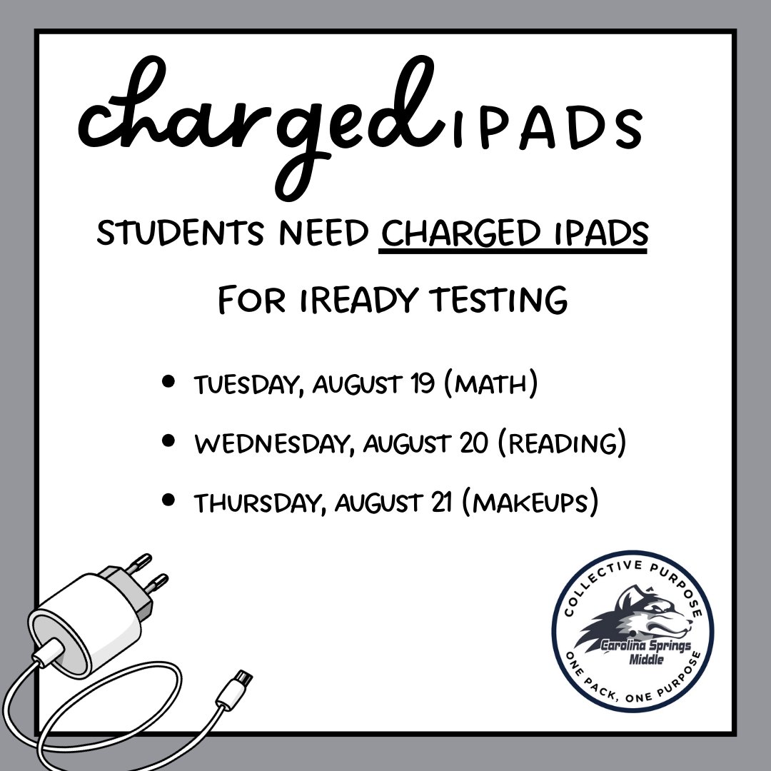 📢 Husky Reminder!
i-Ready testing is this week—please make sure your student’s iPad is fully charged before school. Let’s set them up for success! 🔋📱
