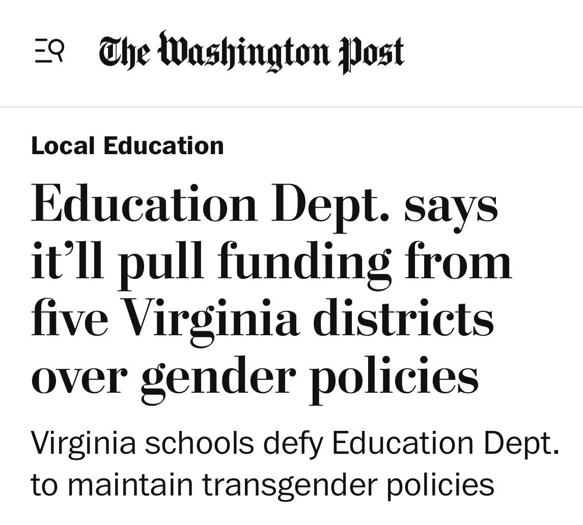 🚨ILLEGAL DEFIANCE🚨

Five Northern Virginia school districts are BLATANTLY DEFYING a federal order to end illegal “gender identity” policies letting boys into girls’ bathrooms and locker rooms.

They chose radical ideology over federal law.

Now, they face the consequences.