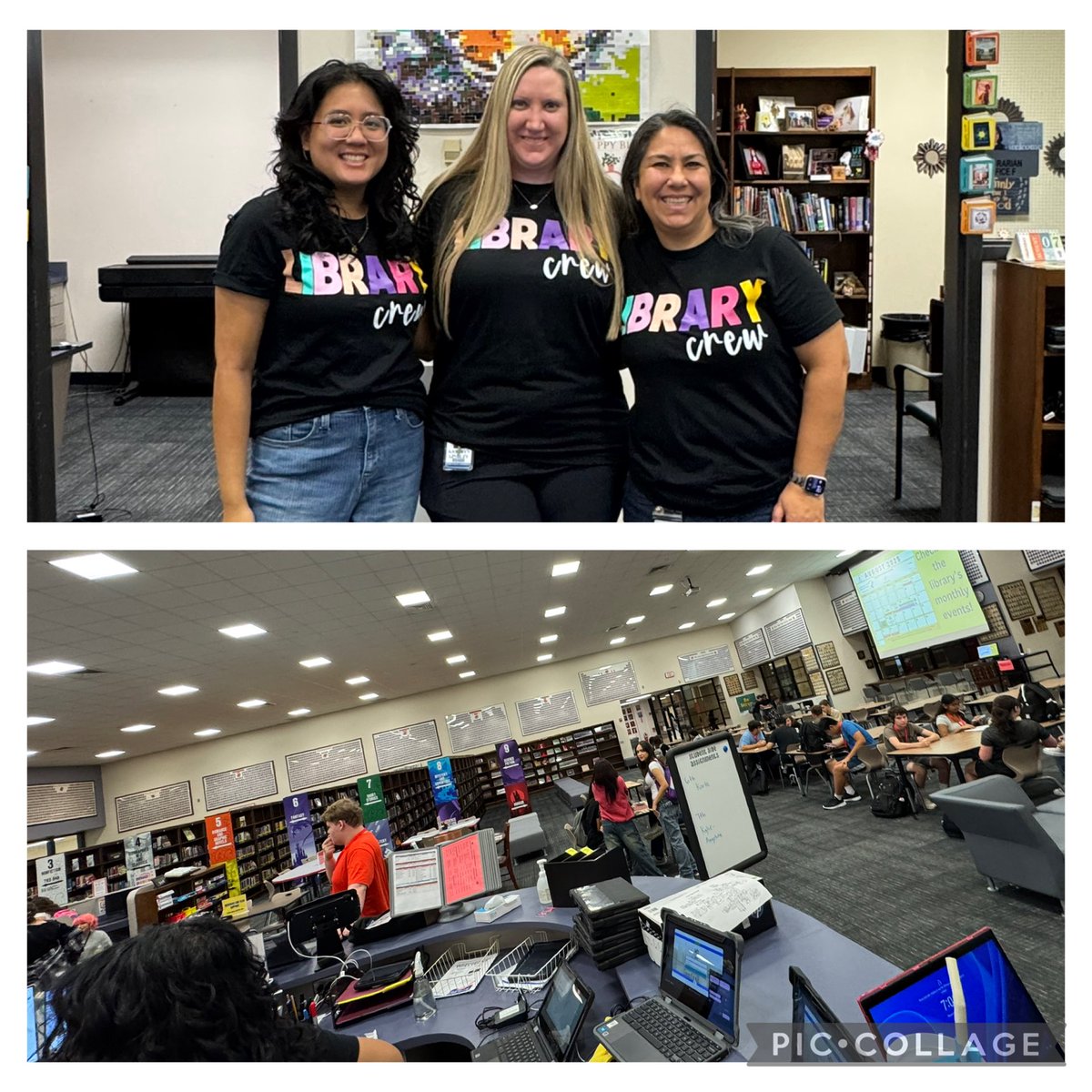 We had a happy and busy morning in the library! 
I love watching students excited to see their friends when we first open our doors: some play a quick Uno game, others print assignments, and some check out books or use our Makerspaces! 
We’re also happy to wear our team shirts 😀
