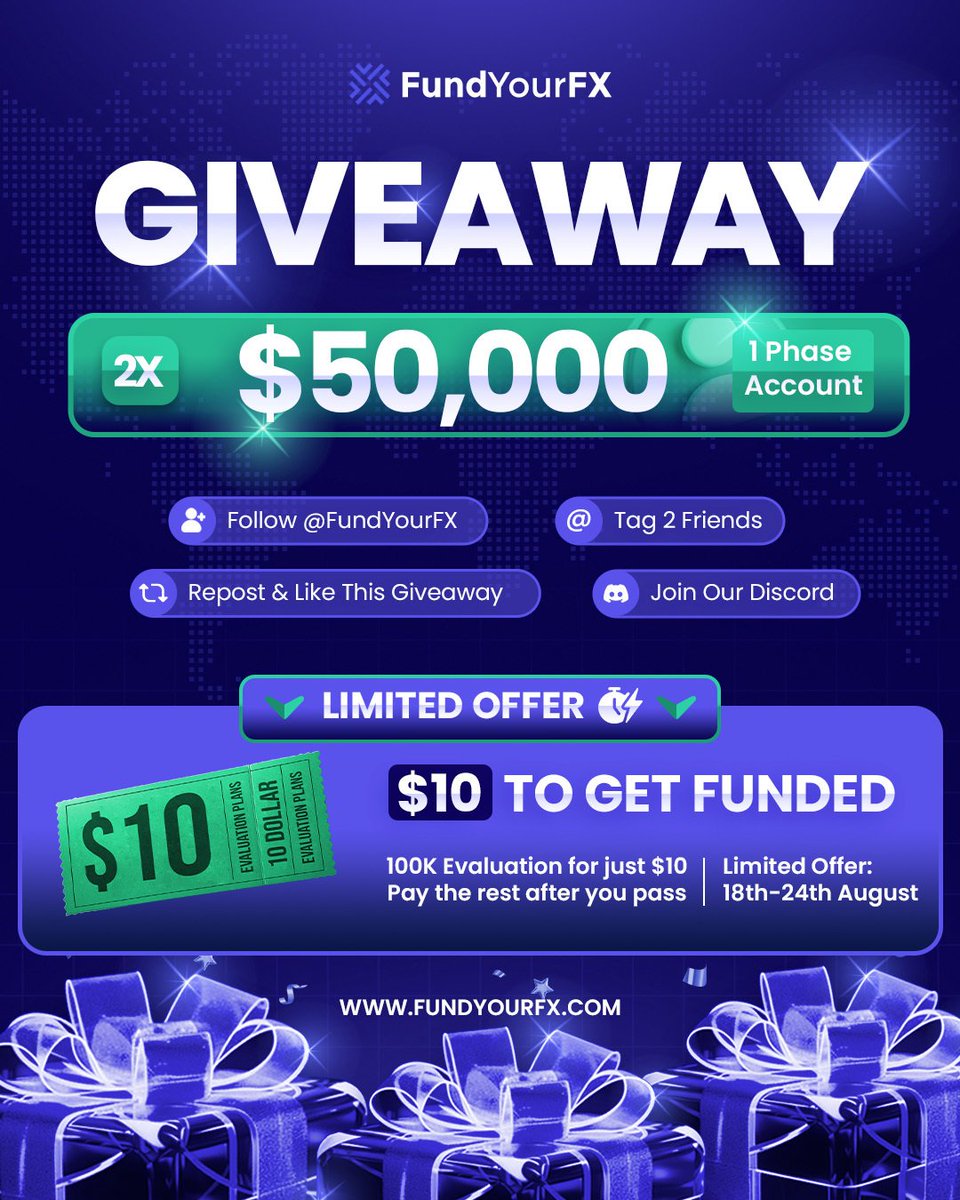 Habeeb 😎☠️ (@habibahmard) on Twitter photo 🎁 GIVEAWAY TIME 🎁
2x 50k one step challenge accounts
To participate :
1 ) follow : <a href="/FundYourFX/">FundYourFX - Prop Firm</a> & <a href="/HabibAhmard/">Habeeb 😎☠️</a>
2 ) like, Retweet and tag 3 friends
3 ) joint discord.gg/EcwR4jTknZ
End in 72 hours 🏆 🎁 GIVEAWAY TIME 🎁
2x 50k one step challenge accounts
To participate :
1 ) follow : <a href="/FundYourFX/">FundYourFX - Prop Firm</a> & <a href="/HabibAhmard/">Habeeb 😎☠️</a>
2 ) like, Retweet and tag 3 friends
3 ) joint discord.gg/EcwR4jTknZ
End in 72 hours 🏆