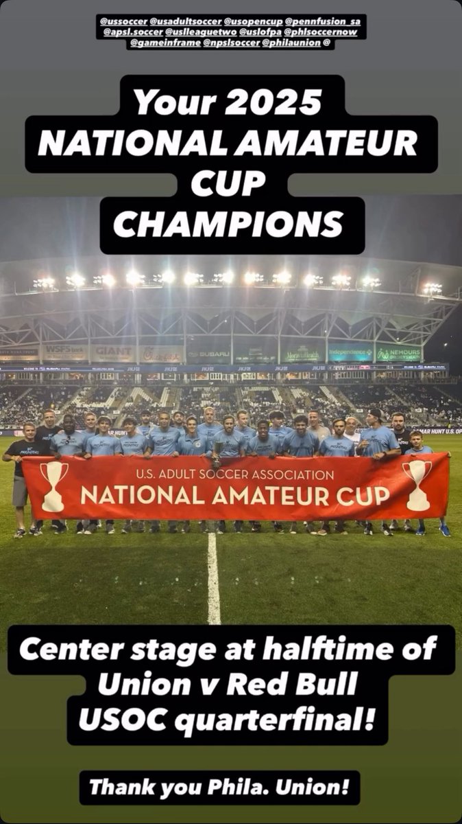 usopencup's tweet photo. Philadelphia Union honored the 2025 National Amateur Cup champion West Chester United at halftime of the #USOC2025 Quarterfinal vs New York Red Bulls. United will be in the 2026 US Open Cup.

WCU alumni @ajmarcucci1 was in goal for #RBNY.

#ICYMI, our NAC Final recap is below ⬇️ https://t.co/QLTeMiGEUz