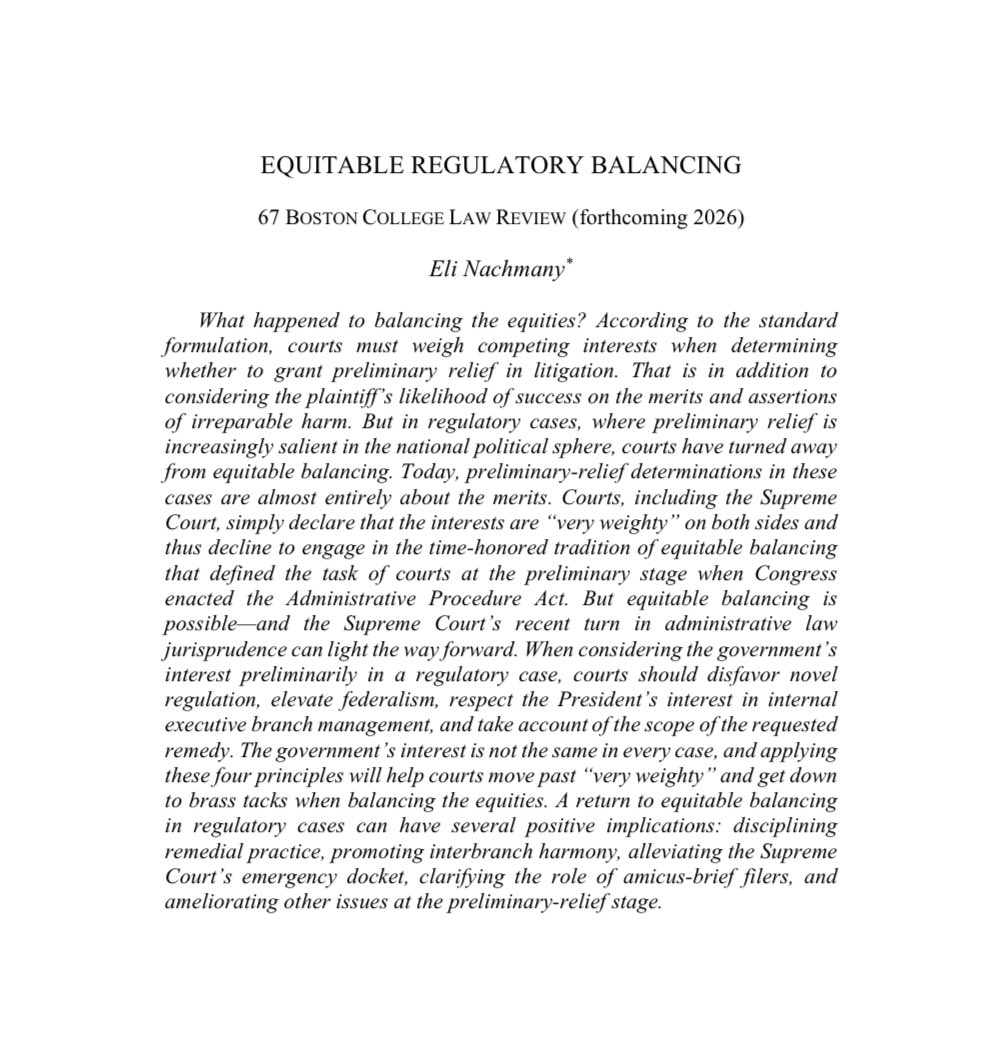 Happy to share that my next Article, “Equitable Regulatory Balancing,” is forthcoming in the <a href="/BCLawReview/">Boston College Law Review</a>.

The Article lays out some equitable principles to bring order to the explosion of emergency-docket litigation in administrative law—particularly at the Supreme Court.