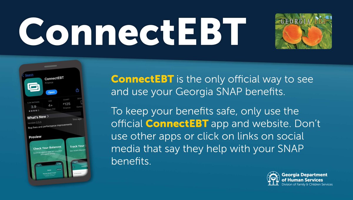 SNAP customers: ConnectEBT is the only official way to see and use your Georgia SNAP benefits. Download the ConnectEBT app or visit the ConnectEBT website to check your balance, lock and unlock your card, and more. Learn more here: connectebt.com/ebtconnect/rec…
