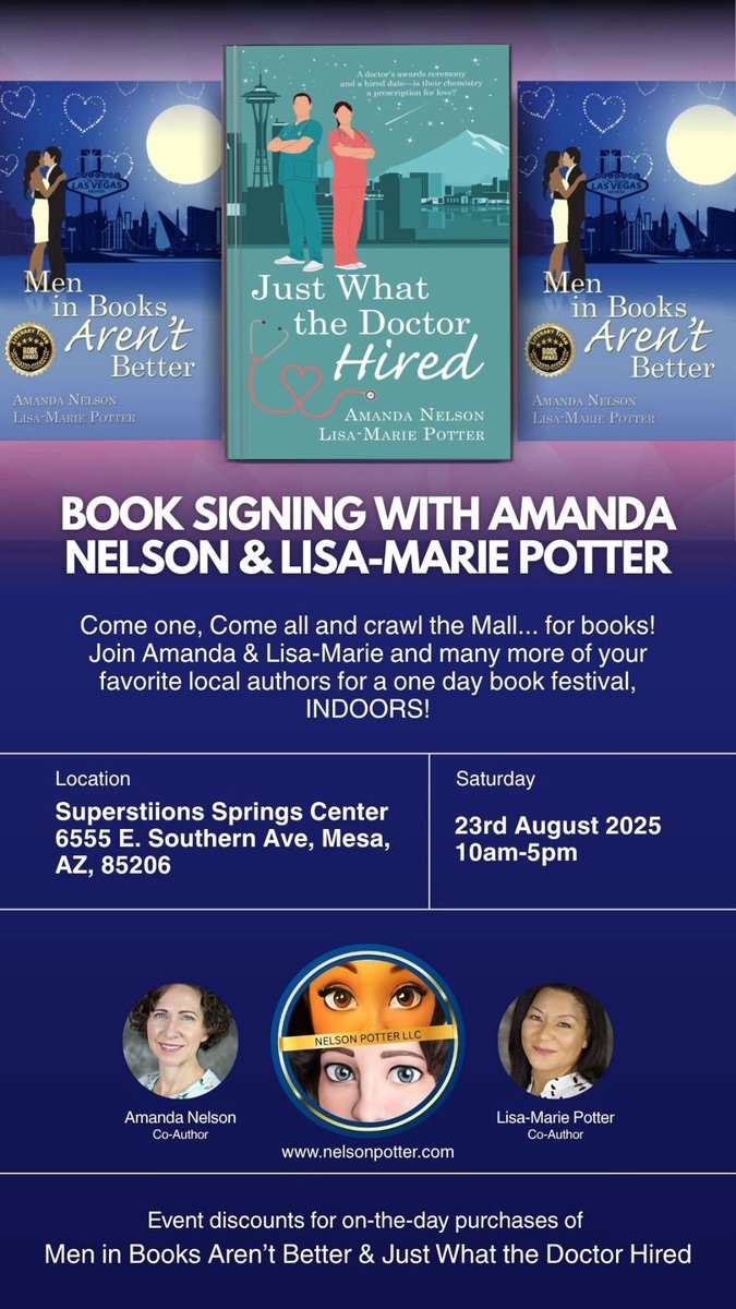ANelsonLMPotter's tweet image. If any of you are in the Phoenix metropolitan area (specifically Mesa) this Saturday, come see Lisa-Marie and I at the Book Faire in Superstition Springs Mall from 10-5! 
#AuthorsLife #WritingLife #writingcommunity #Readerscommunity #NelsonPotter #books #sweetromance 

Men In