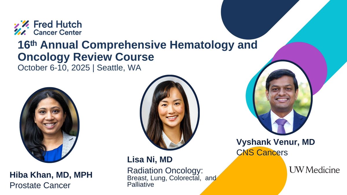 Comprehensive Hem &amp; Onc Review
Bell Harbor, Seattle | Oct 6–10
Dr. Lisa Ni – Multi-disciplinary Rad Onc
Dr. Vyshak Venur – CNS Cancers
Dr. Hiba Khan – Prostate Cancer
Join us to connect, learn &amp; grow!
🔗 uw.cloud-cme.com/MJ2601 <a href="/UWMedicine/">UW Medicine</a> <a href="/fredhutch/">Fred Hutch Cancer Center</a> <a href="/RyanCassaday/">Ryan Cassaday</a> <a href="/MollyTokaz/">Molly Tokaz</a>