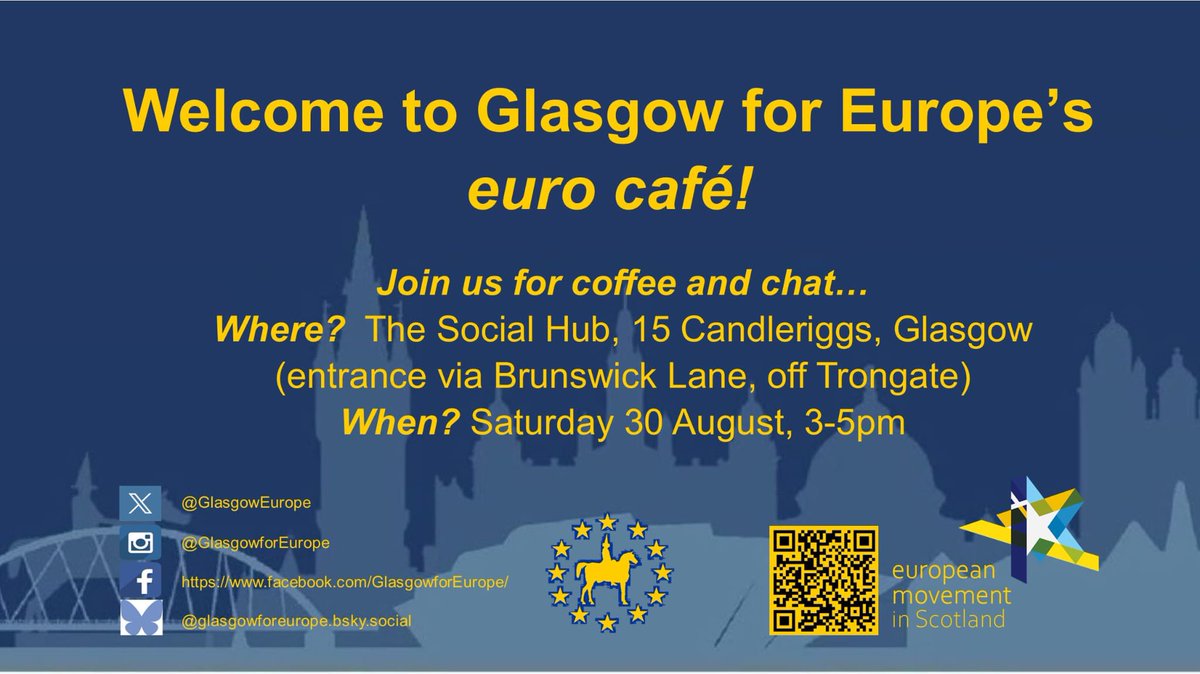 Hope to see you at our Euro Cafe! 

We are meeting up at the Social Club, 
No 15 Candleriggs 

All welcome, come along and meet other Europeans and have a blether!

August 30th 3-5pm