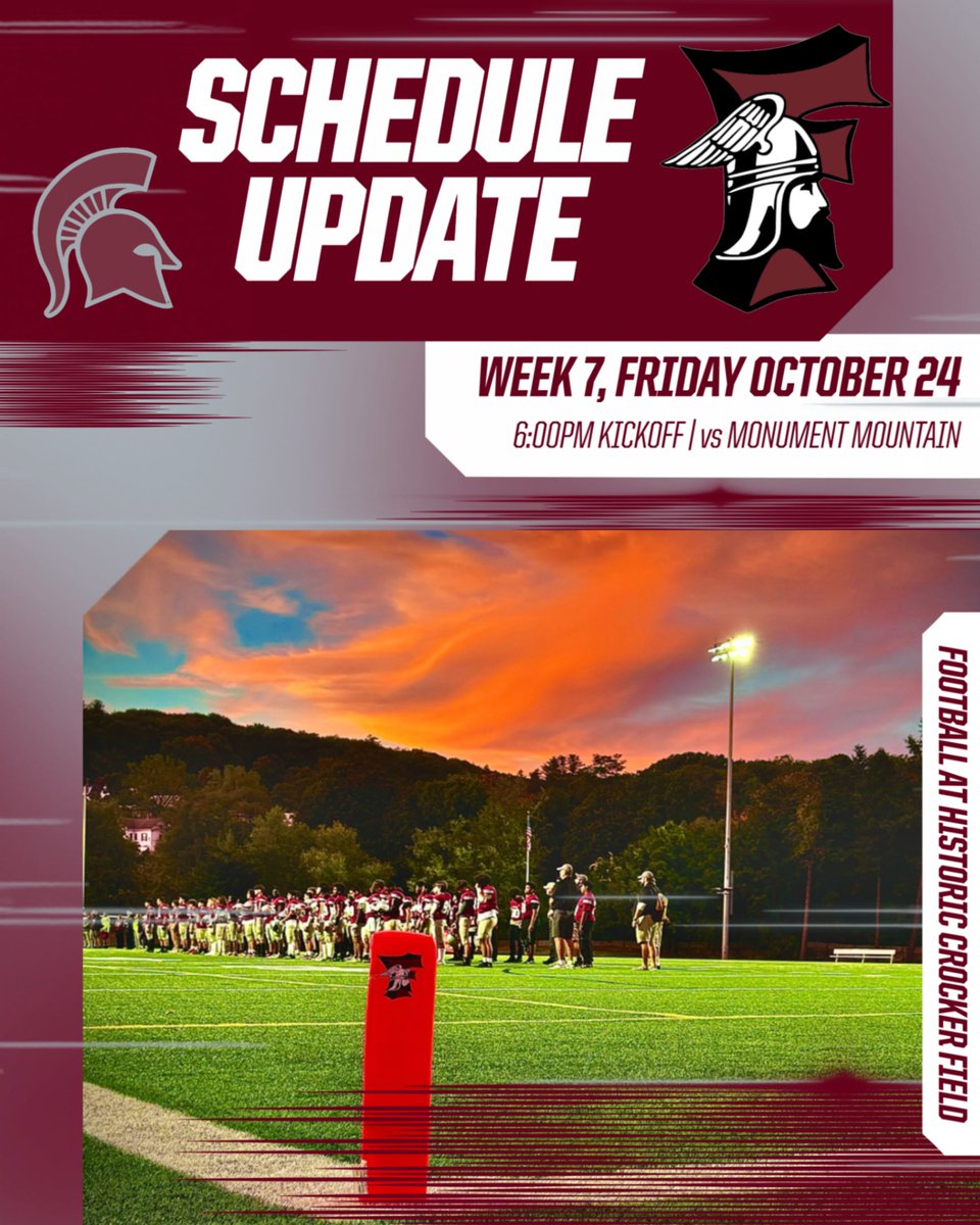 Varsity 🏈 ***SCHEDULE UPDATE*** Week 7 will now be a HOME GAME at Historic Crocker Field! The Red &amp; Gray will host the Spartans from Monument Mountain Regional High School in Great Barrington, MA. Note the special kickoff time 6:00PM #NoPlaceLikeHomeField #AllHailtoTheRedandGray