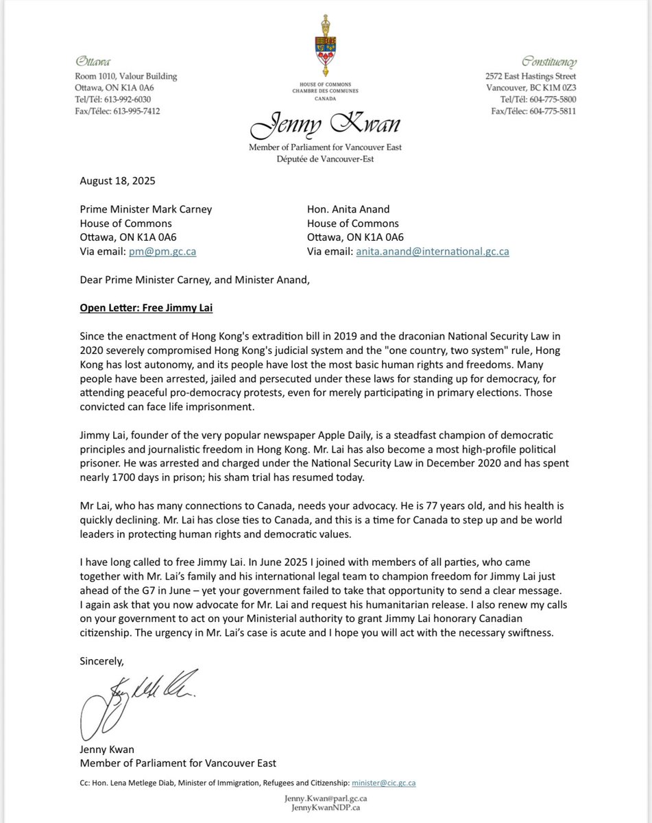 I again urge the Canadian government to:
🟣 Call for Jimmy Lai’s humanitarian release
🟣 Grant him honorary Canadian citizenship
The time to act is now. His life is at stake.  3/3
#FreeJimmyLai #HumanRights #cdnpoli <a href="/MarkJCarney/">Mark Carney</a>