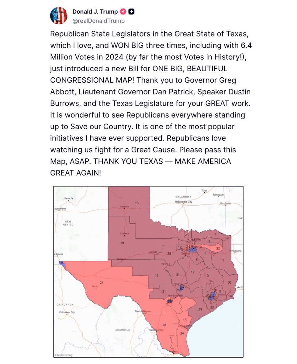 🚨 JUST IN: President Trump IGNORES Gavin Newsom’s threats, and calls on the Texas legislature to immediately PASS the new maps, giving Republicans another 5 seats in the U.S. House

TX Dems returned to the state today.

Trump WILL win this battle, <a href="/GavinNewsom/">Gavin Newsom</a>.